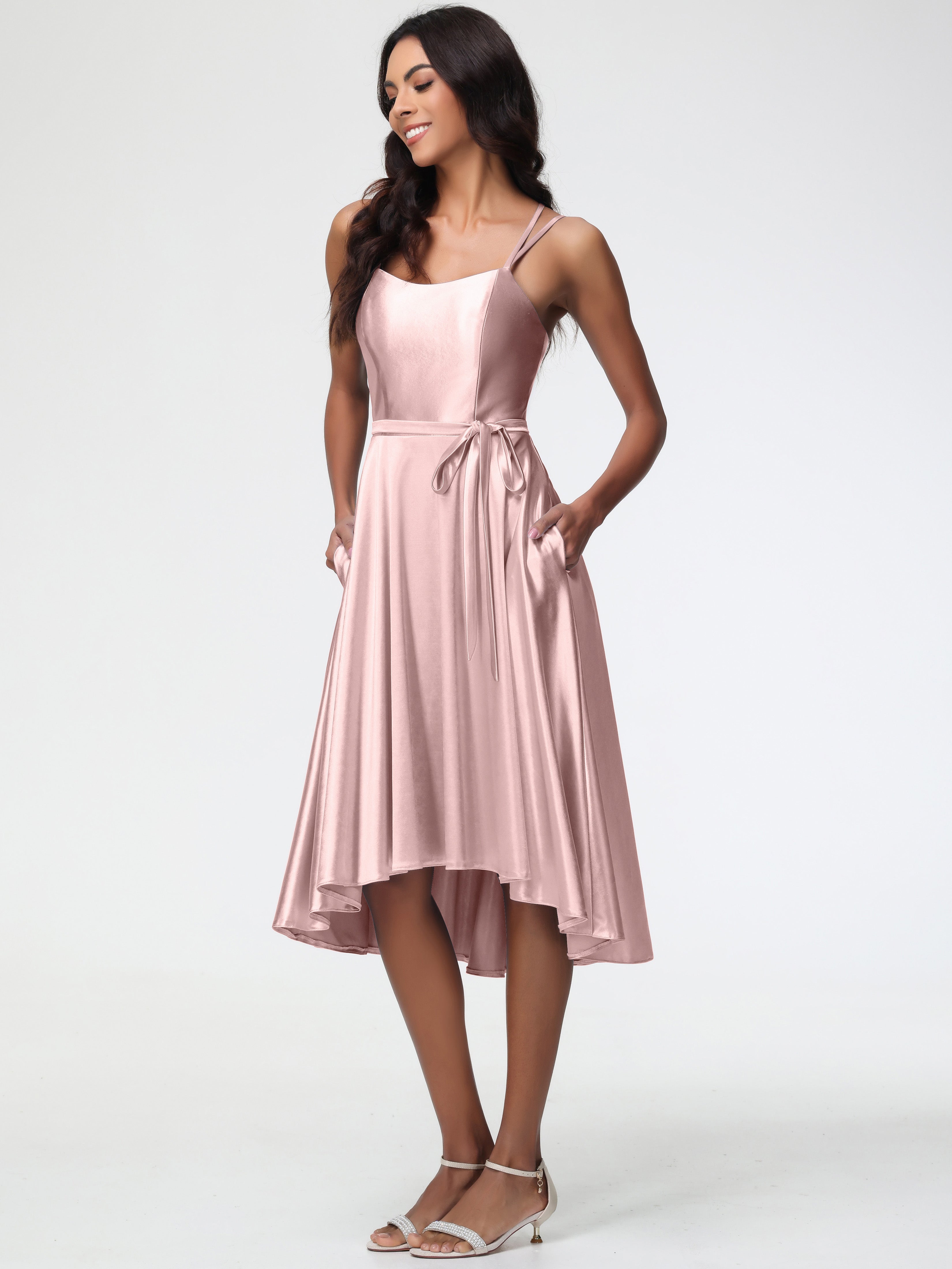 Modest Dusty Rose Prom Dresses High Low A Line Knee Length Spaghetti S