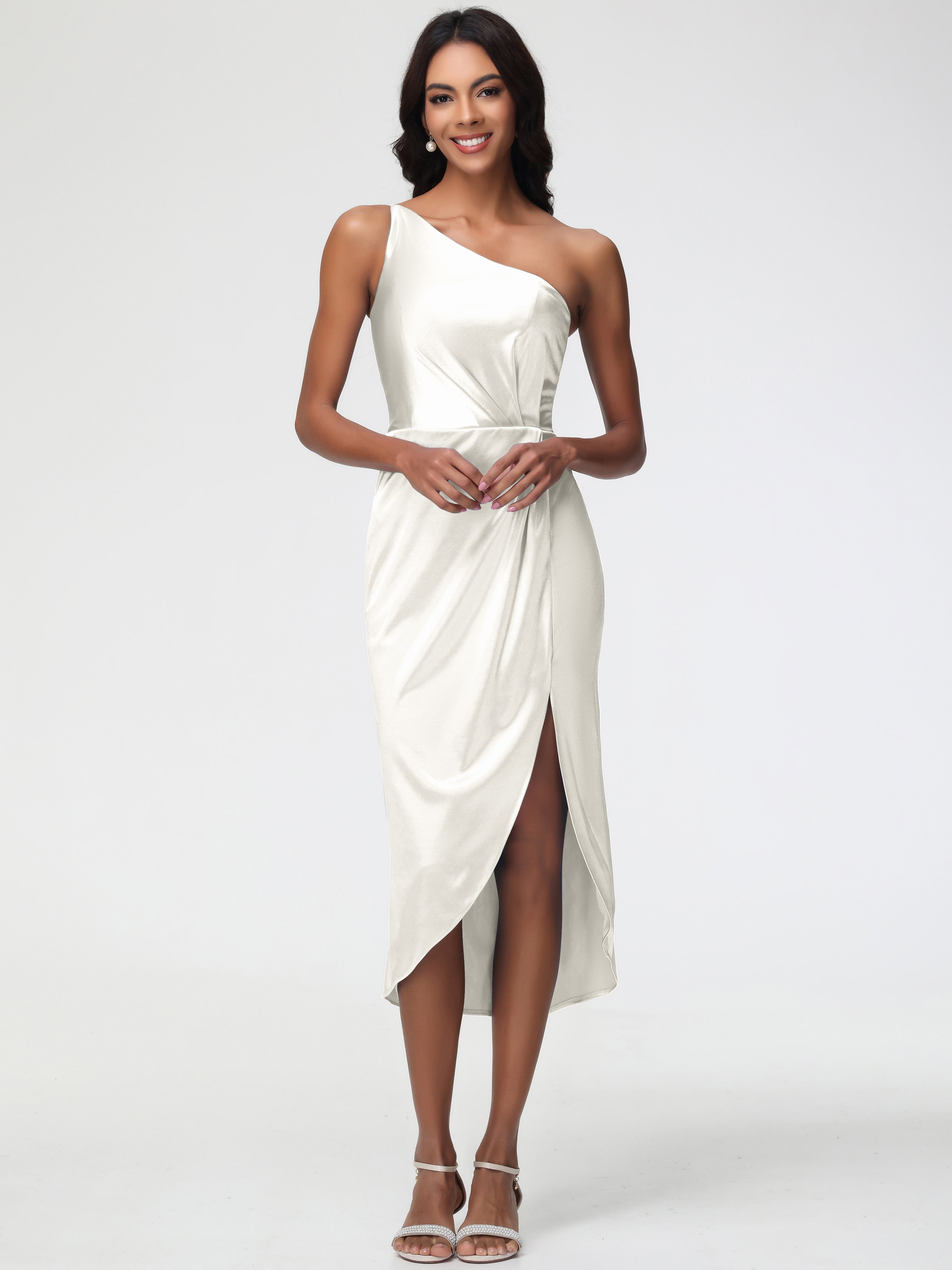 Ivory Prom Dresses Sleeveless Tea Length One Shoulder Sheath/Column St