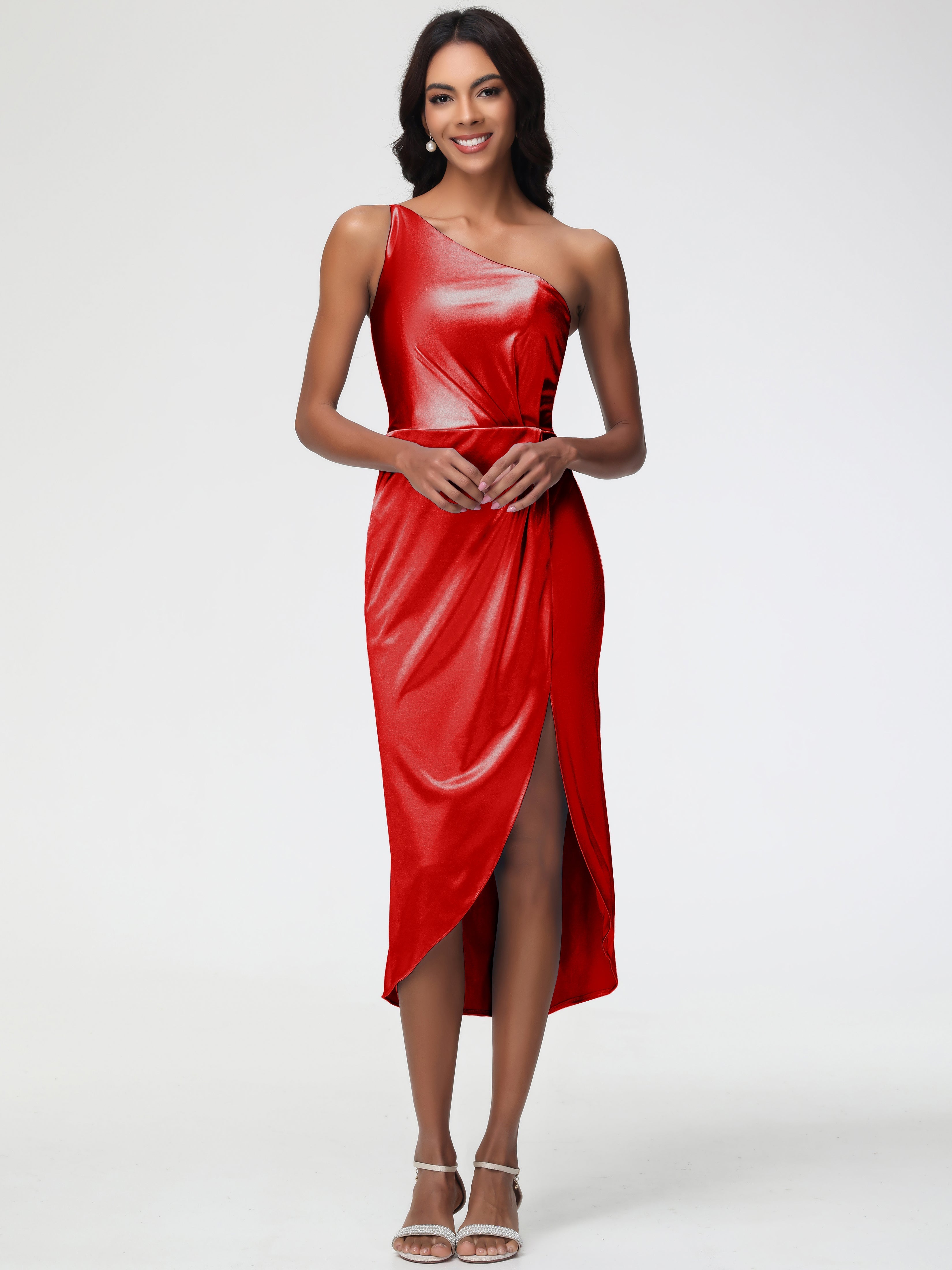 One Shoulder Red Prom Dress Sleeveless Tea Length One Shoulder Sheath/