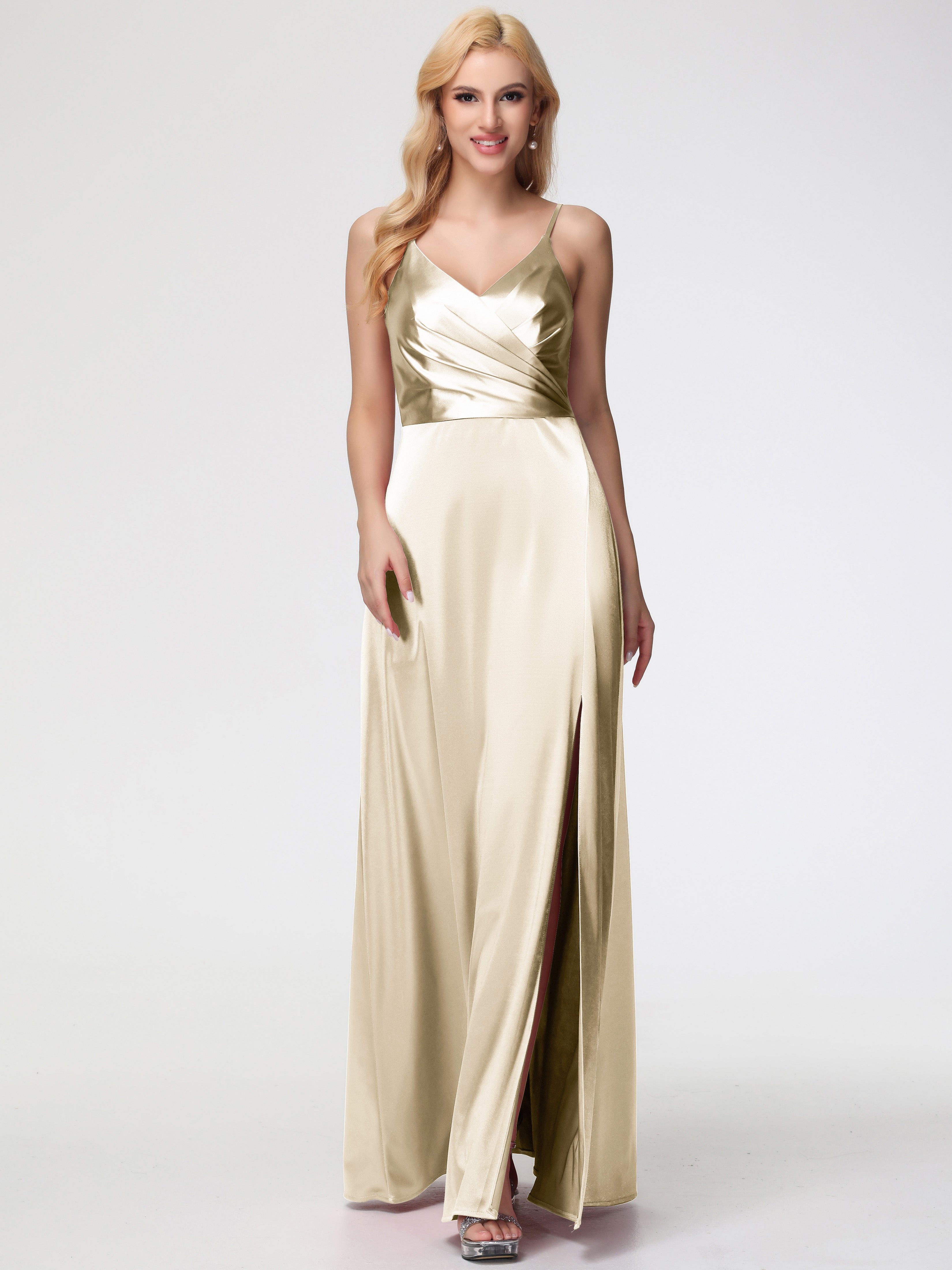 Champagne Colour Bridesmaid Dresses Spaghetti Straps A-Line V-Neck Ple Champagne Colour Bridesmaid Dresses Spaghetti Straps A-Line V-Neck Ple
