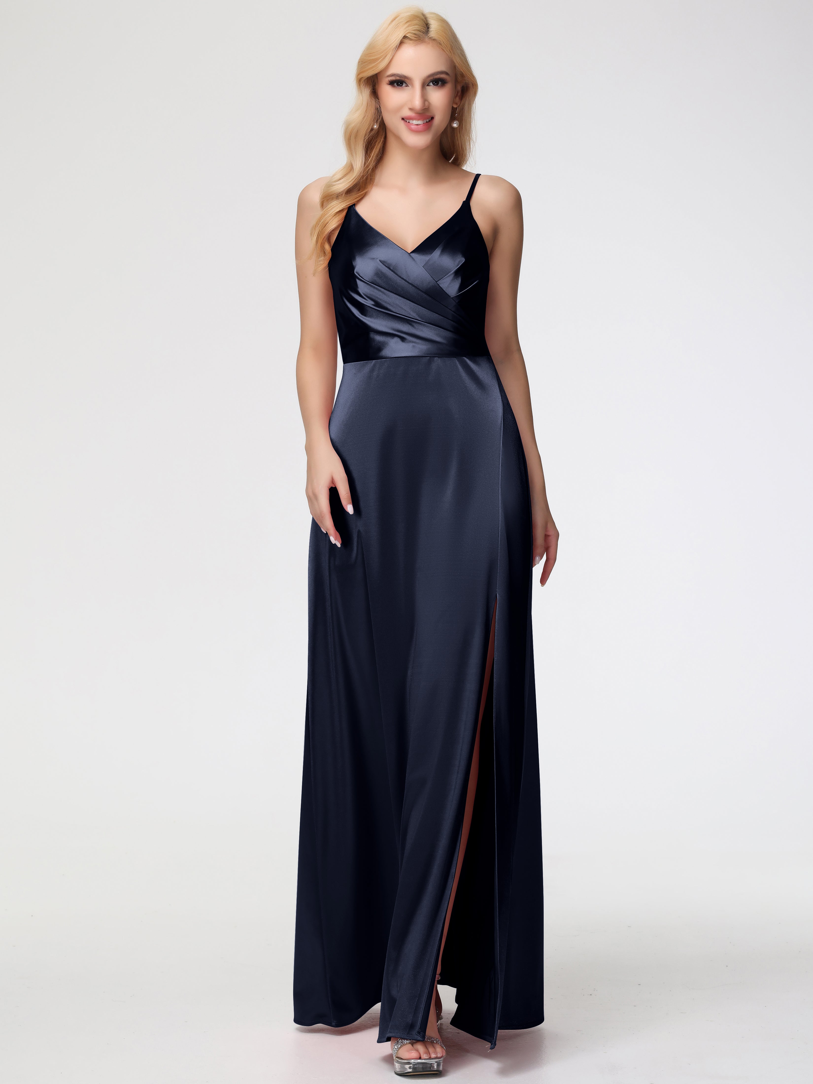 Dark Navy Blue Bridesmaid Dress Spaghetti Straps A-Line V-Neck Pleats Dark Navy Blue Bridesmaid Dress Spaghetti Straps A-Line V-Neck Pleats