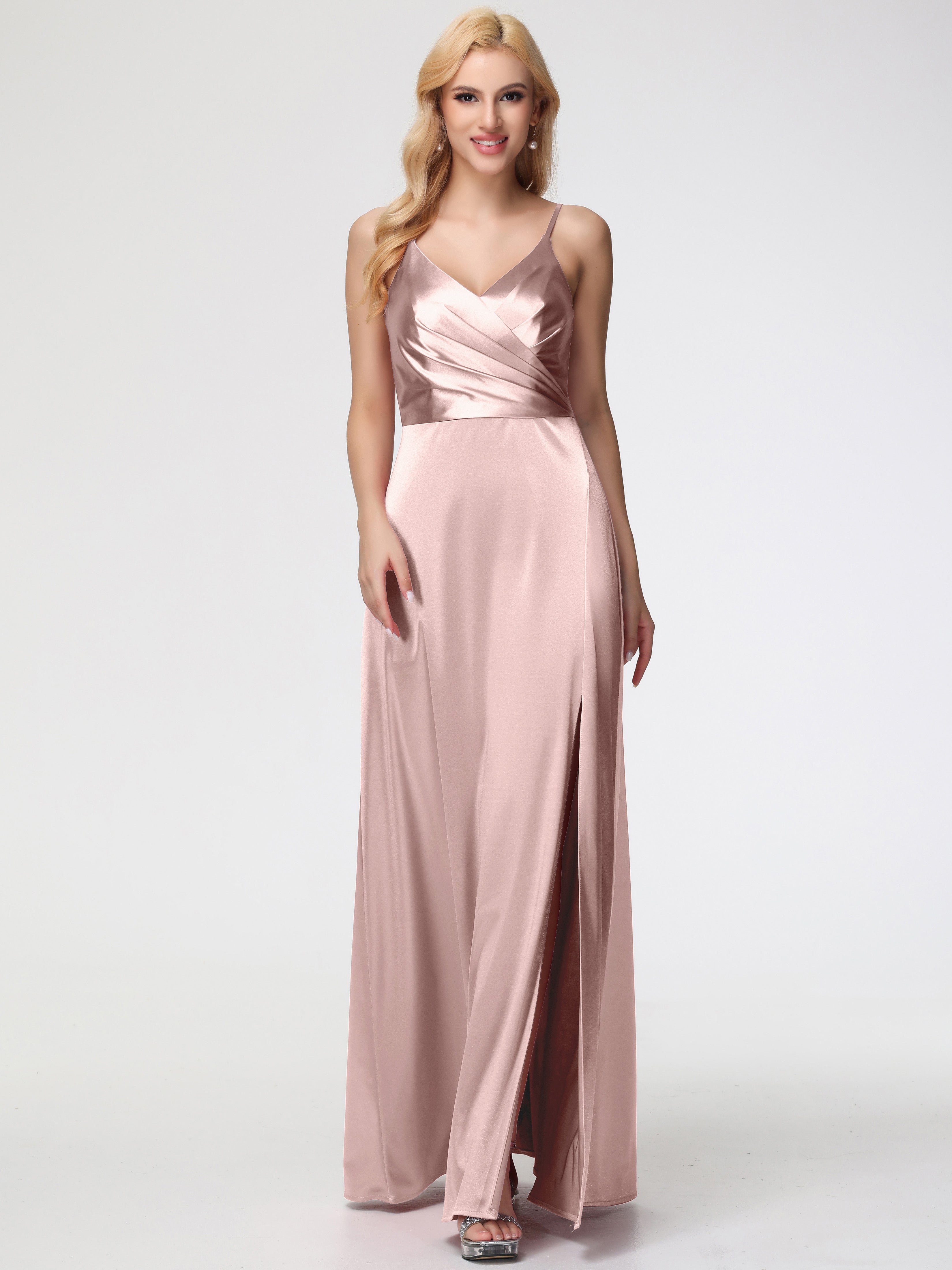 Dusty Rose Pink Prom Dress Spaghetti Straps A-Line V-Neck Pleats Stretch Satin Prom Dresses Dusty Rose Pink Prom Dress Spaghetti Straps A-Line V-Neck Pleats Stretch Satin Prom Dresses