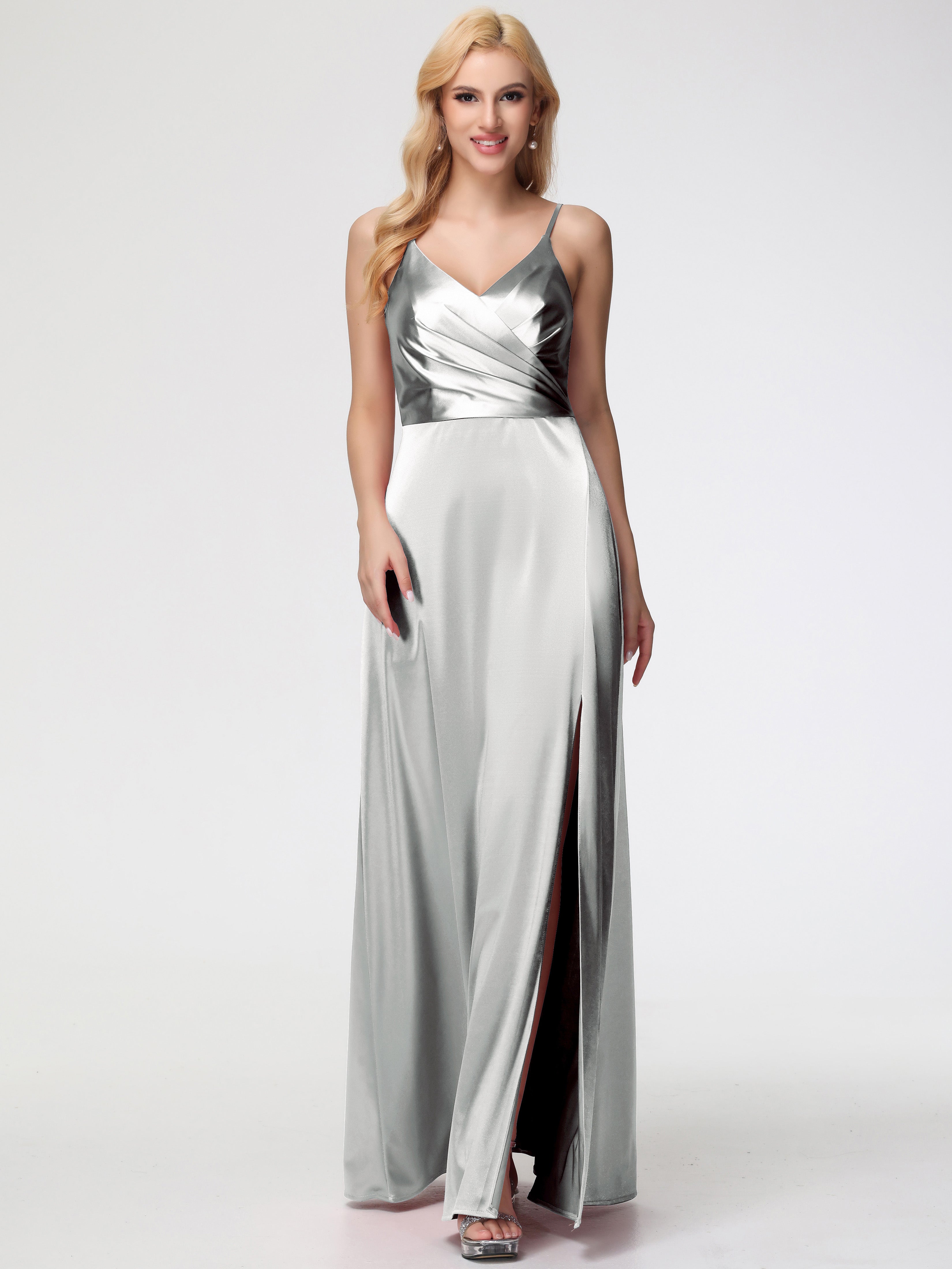 Prom Dresses In Silver Spaghetti Straps A-Line V-Neck Pleats Stretch S