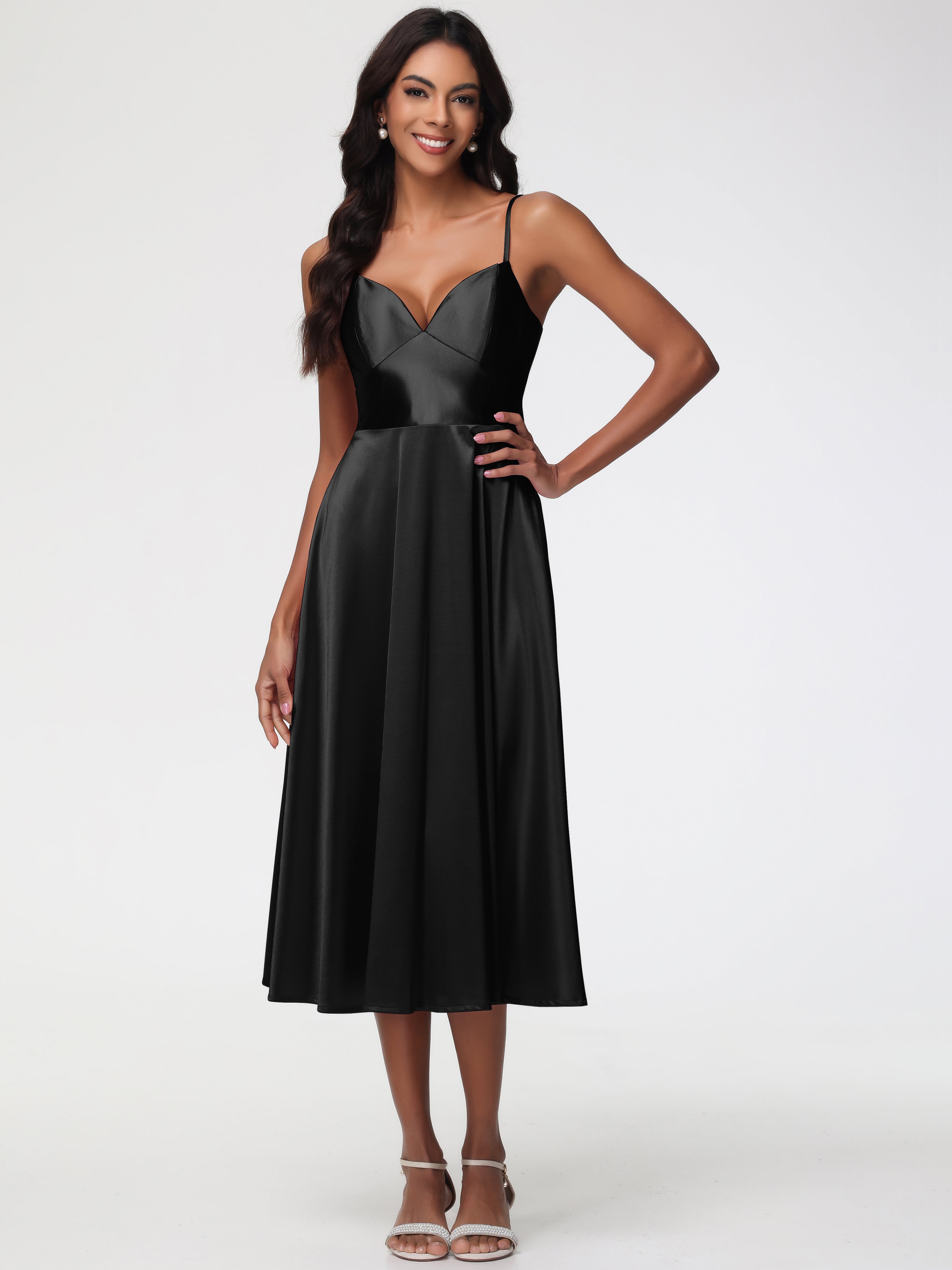 Prom Dresses Black Stretch Satin Simple A Line Spaghetti Straps Tea Le Prom Dresses Black Stretch Satin Simple A Line Spaghetti Straps Tea Le