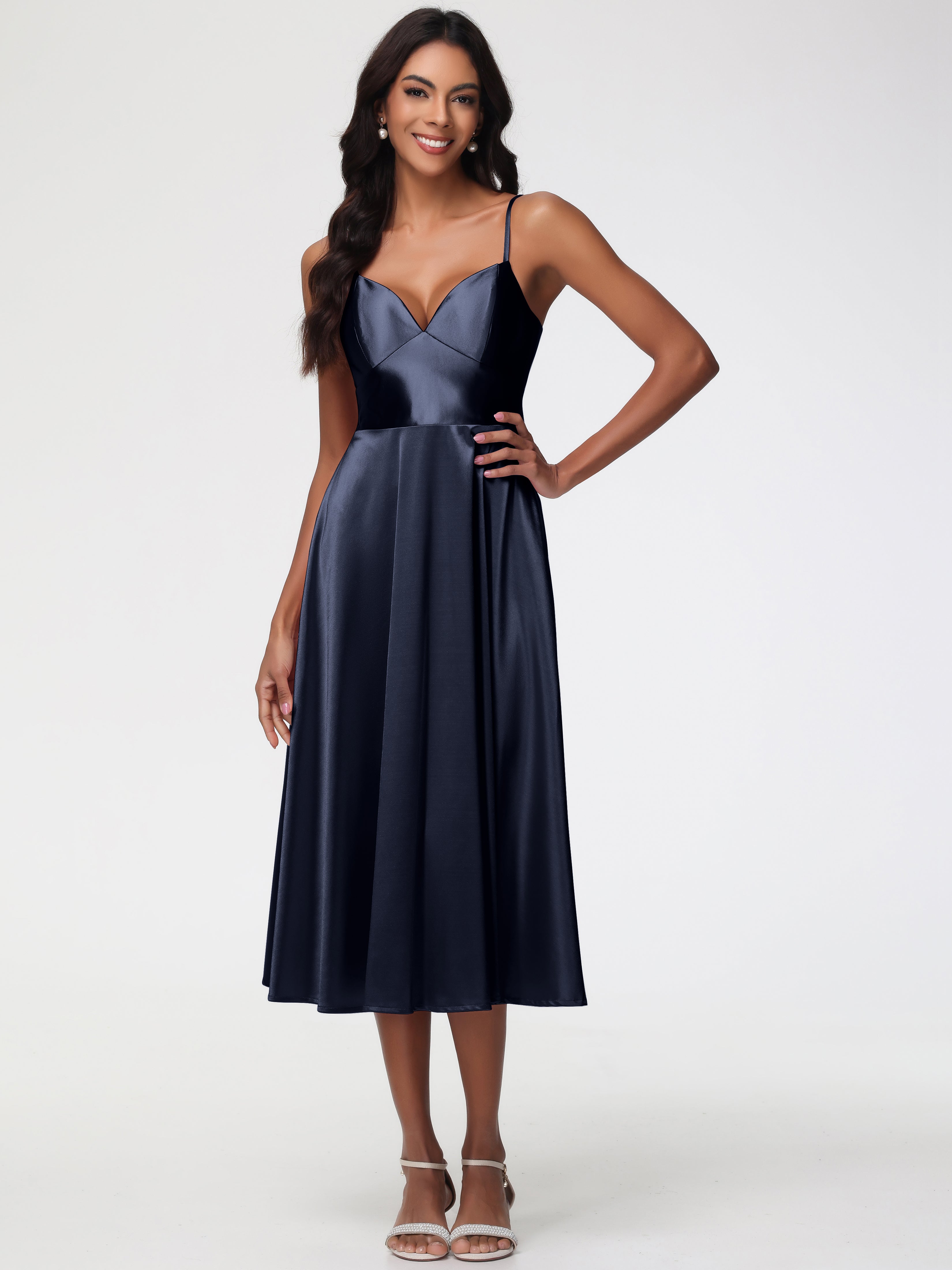 Dark Navy Bridesmaid Dress Stretch Satin Simple A Line Spaghetti Strap Dark Navy Bridesmaid Dress Stretch Satin Simple A Line Spaghetti Strap