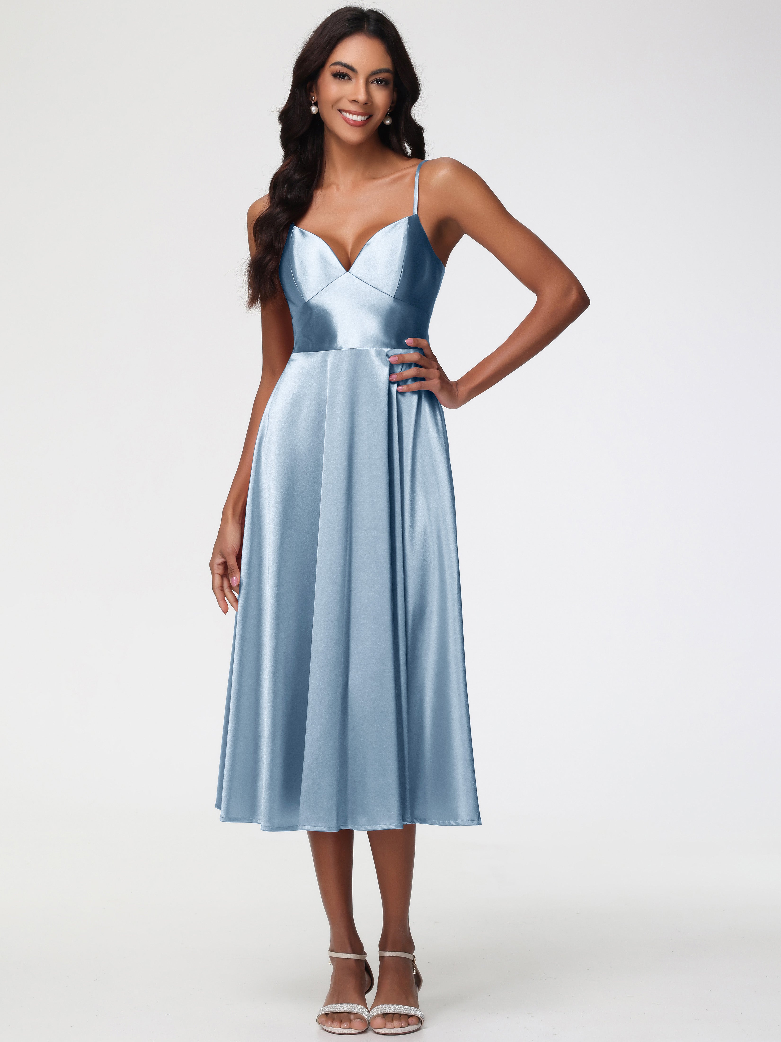 Dark Dusty Blue Bridesmaid Dresses Stretch Satin Simple A Line Spaghet Dark Dusty Blue Bridesmaid Dresses Stretch Satin Simple A Line Spaghet
