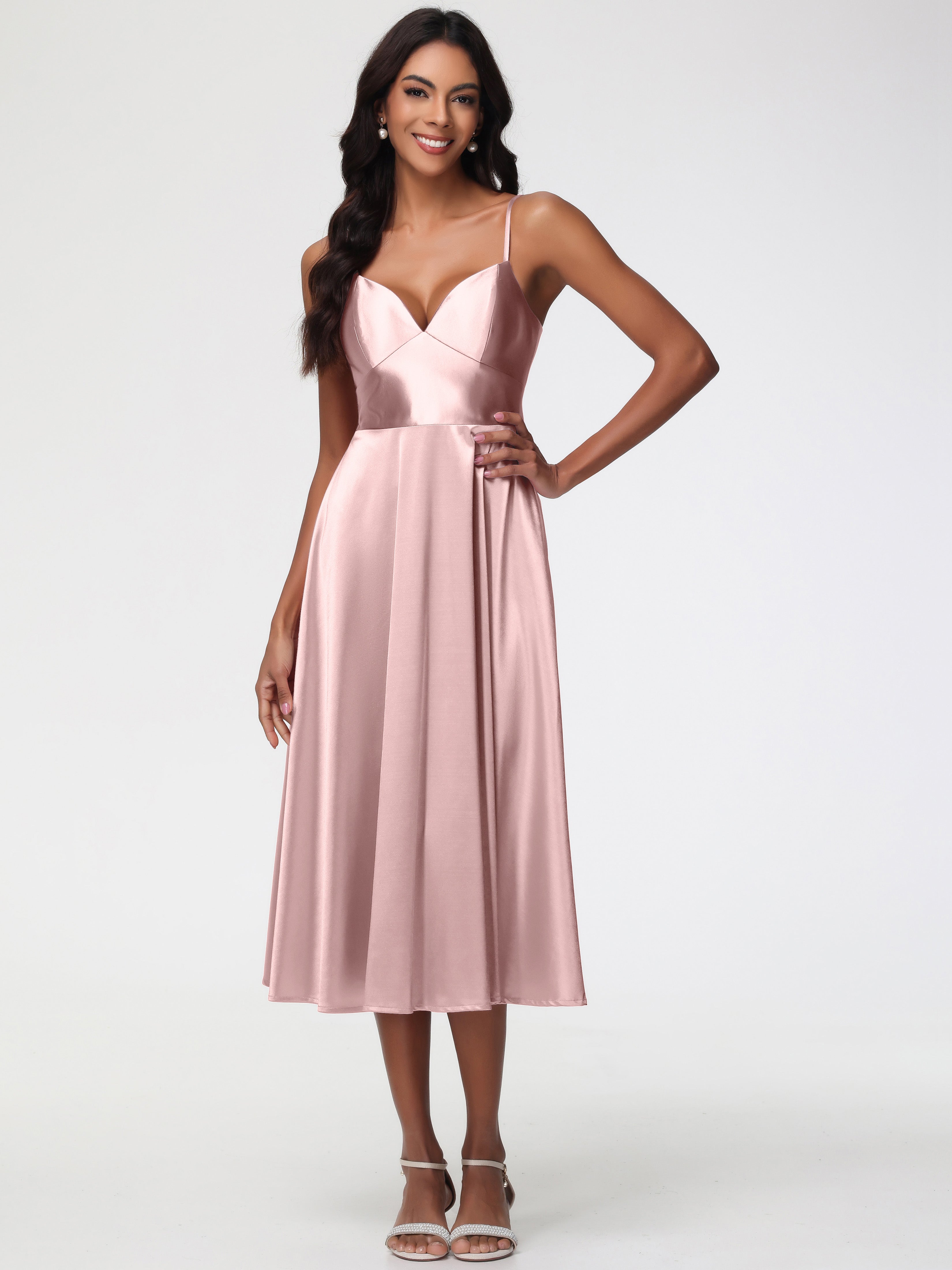 Dusty Rose Bridesmaid Dress Stretch Satin Simple A Line Spaghetti Stra