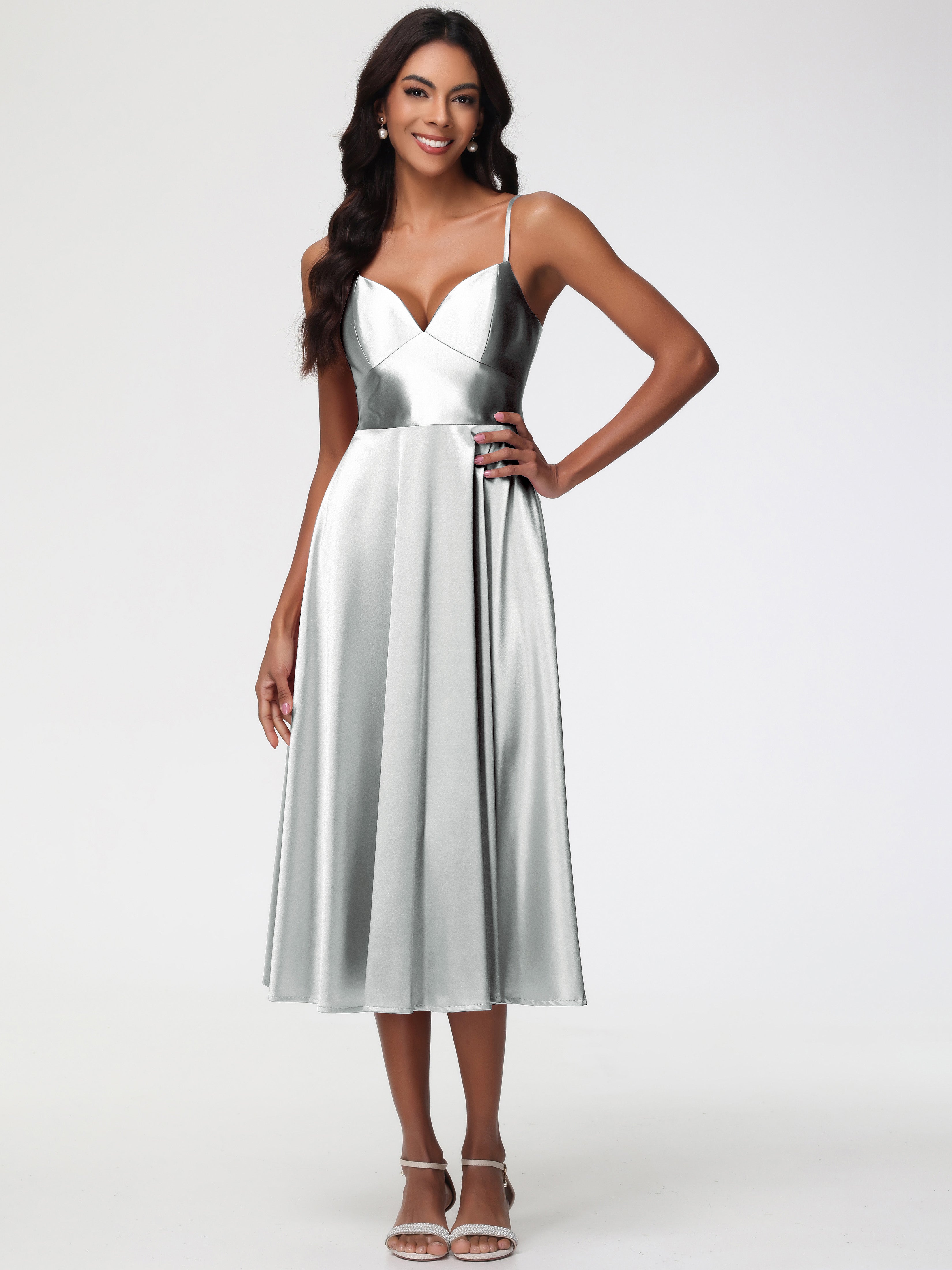 Silver Prom Shoes Stretch Satin Simple A Line Spaghetti Straps Tea Len