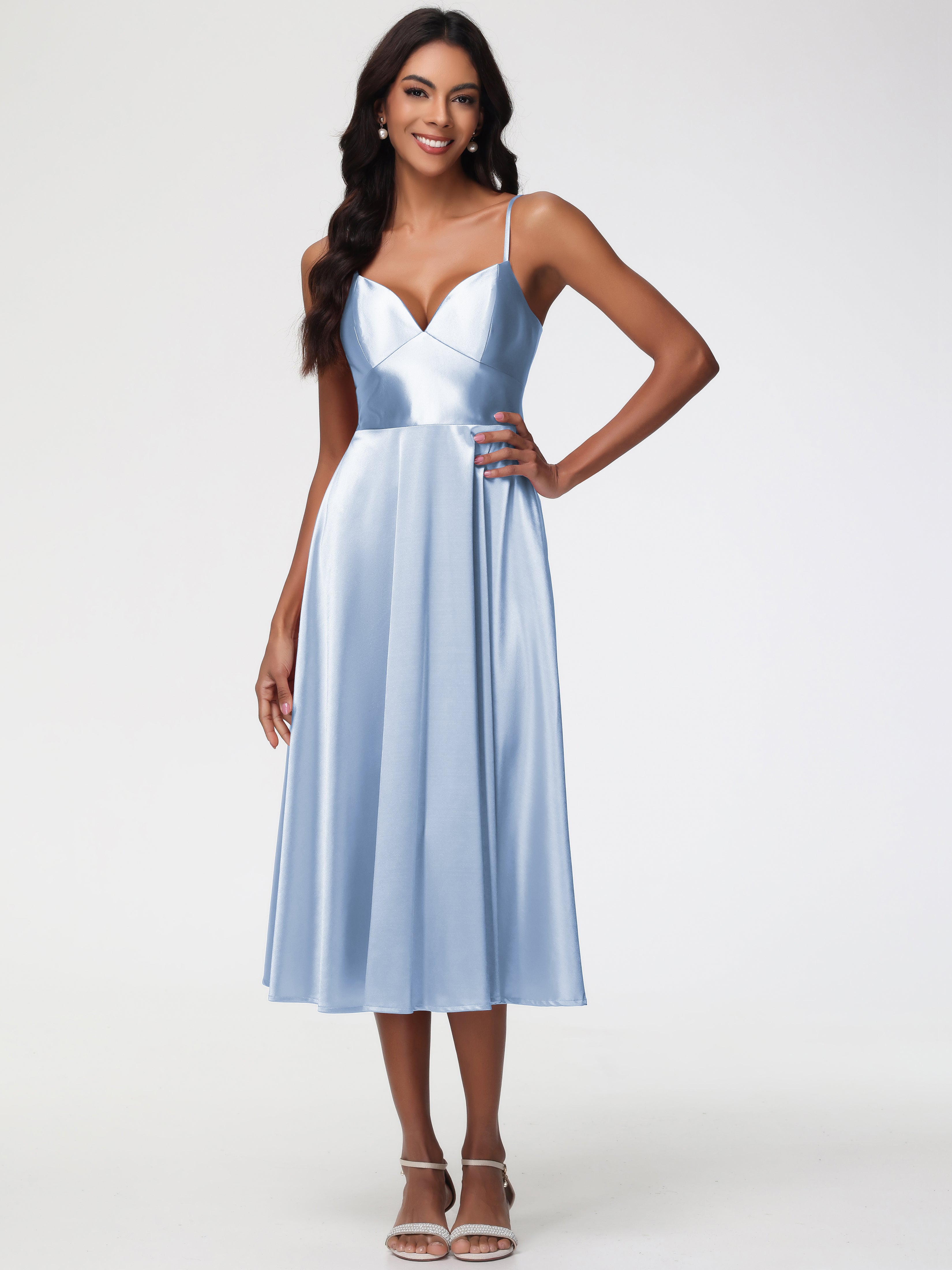 Prom Dresses Sky Blue Stretch Satin Simple A Line Spaghetti Straps Tea Prom Dresses Sky Blue Stretch Satin Simple A Line Spaghetti Straps Tea