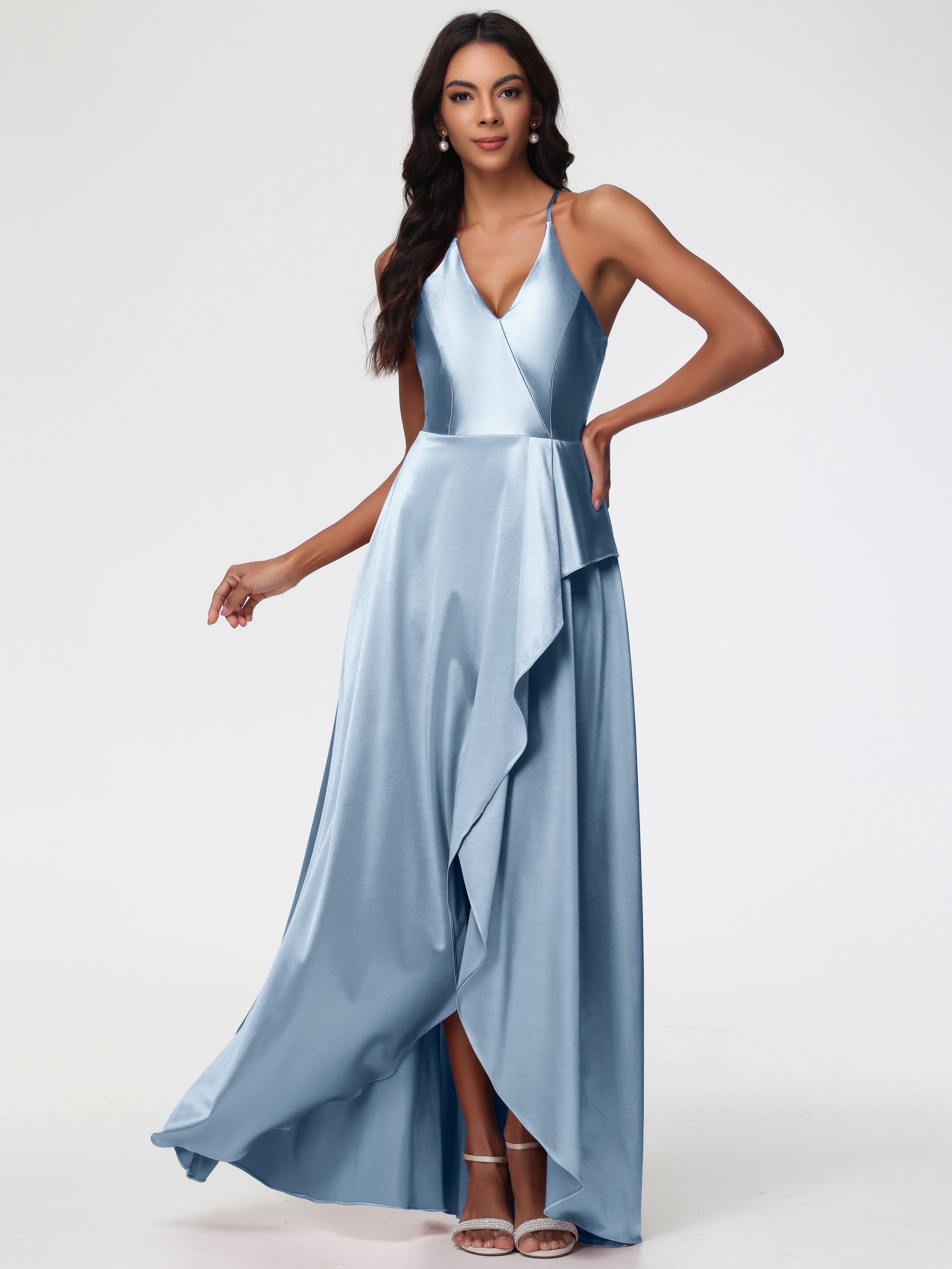 Dusty Blue Prom Dress Asymmetrical V-Neck Spaghetti Straps Floor Lengt