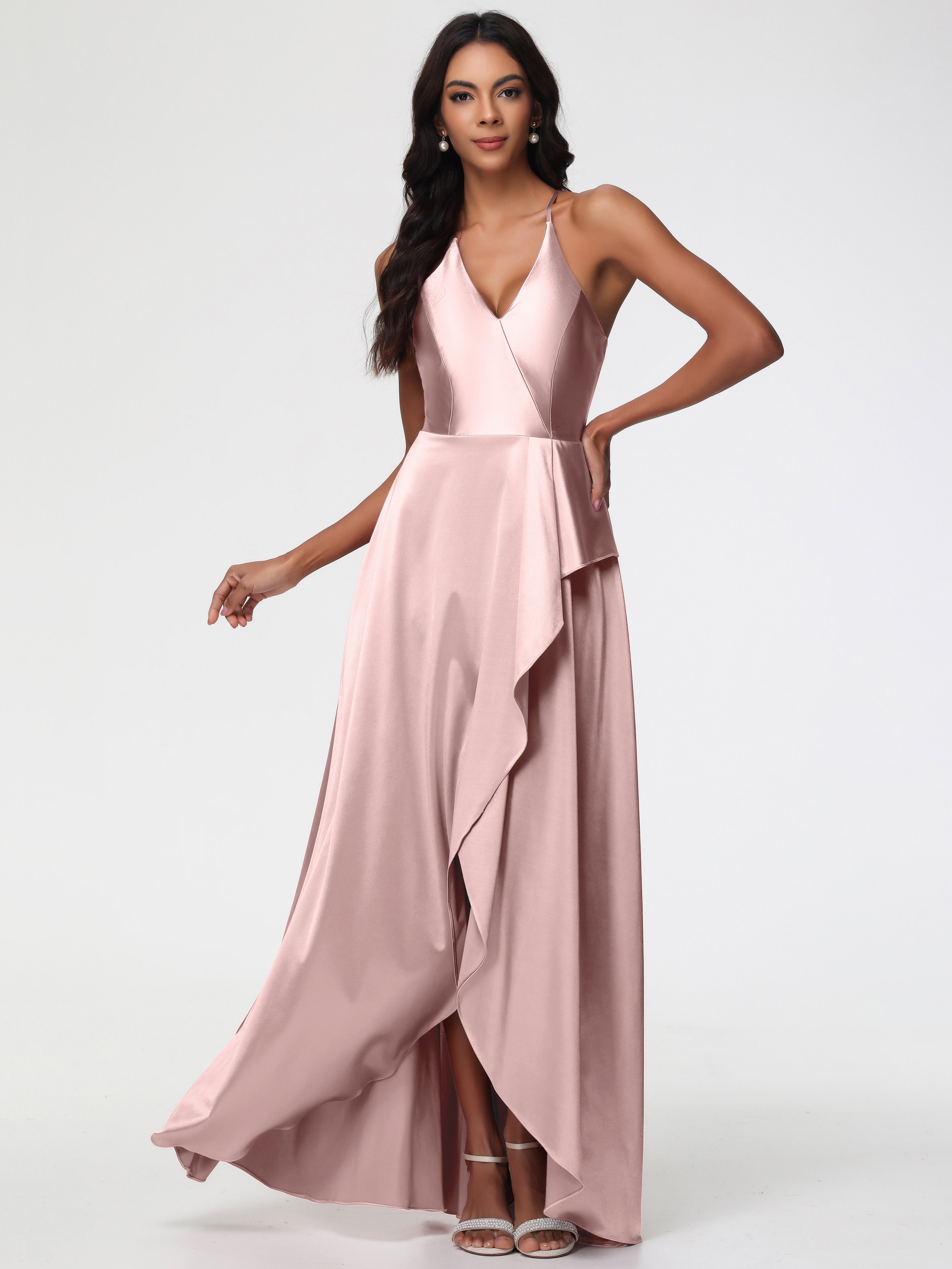 Dusty Rose Prom Dresses Uk Asymmetrical V-Neck Spaghetti Straps Floor