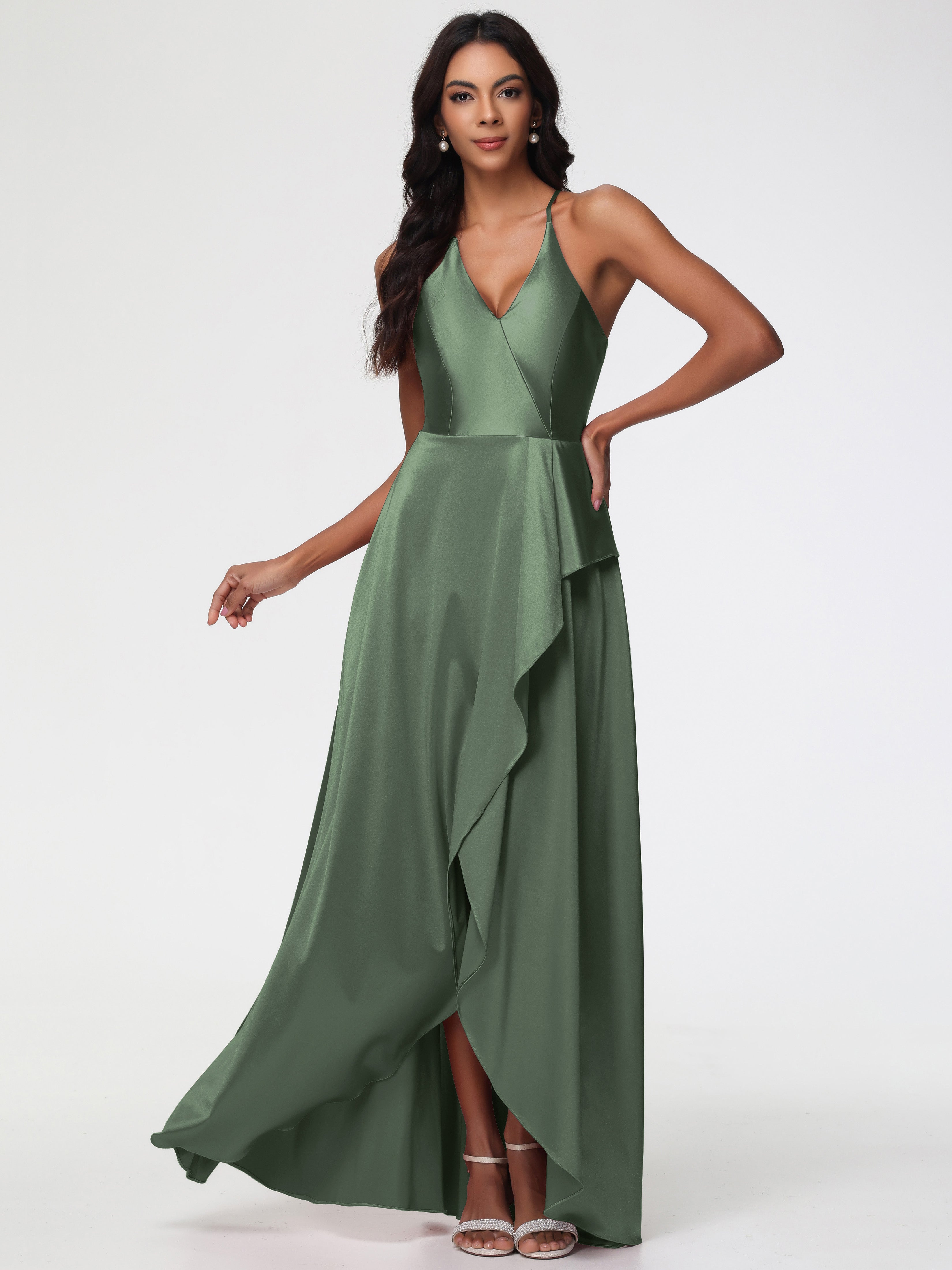 Olive Green Color Bridesmaid Dresses Asymmetrical V-Neck Spaghetti Str Olive Green Color Bridesmaid Dresses Asymmetrical V-Neck Spaghetti Str