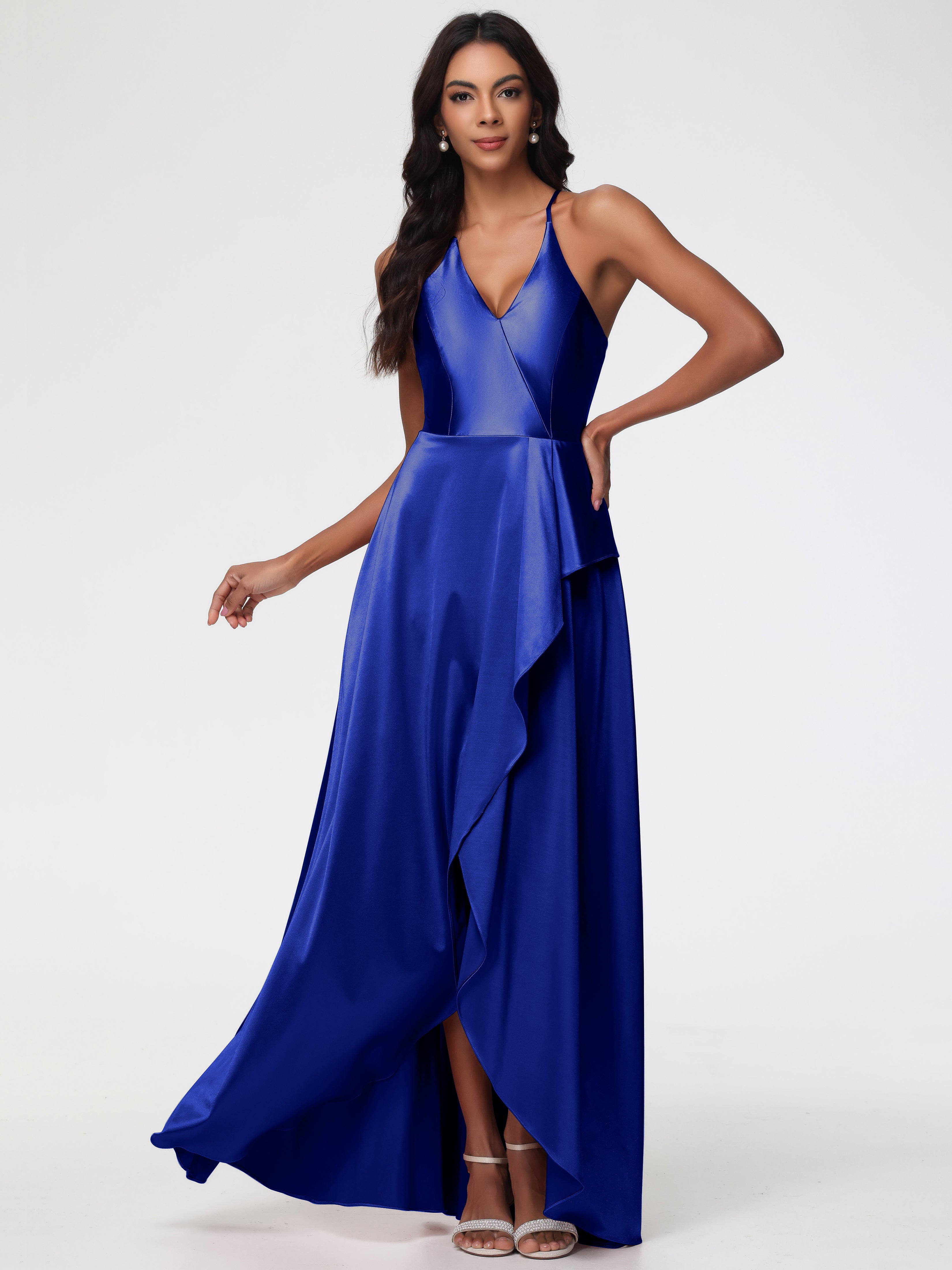 Royal Blue Satin Bridesmaid Dresses Asymmetrical V-Neck Spaghetti Stra