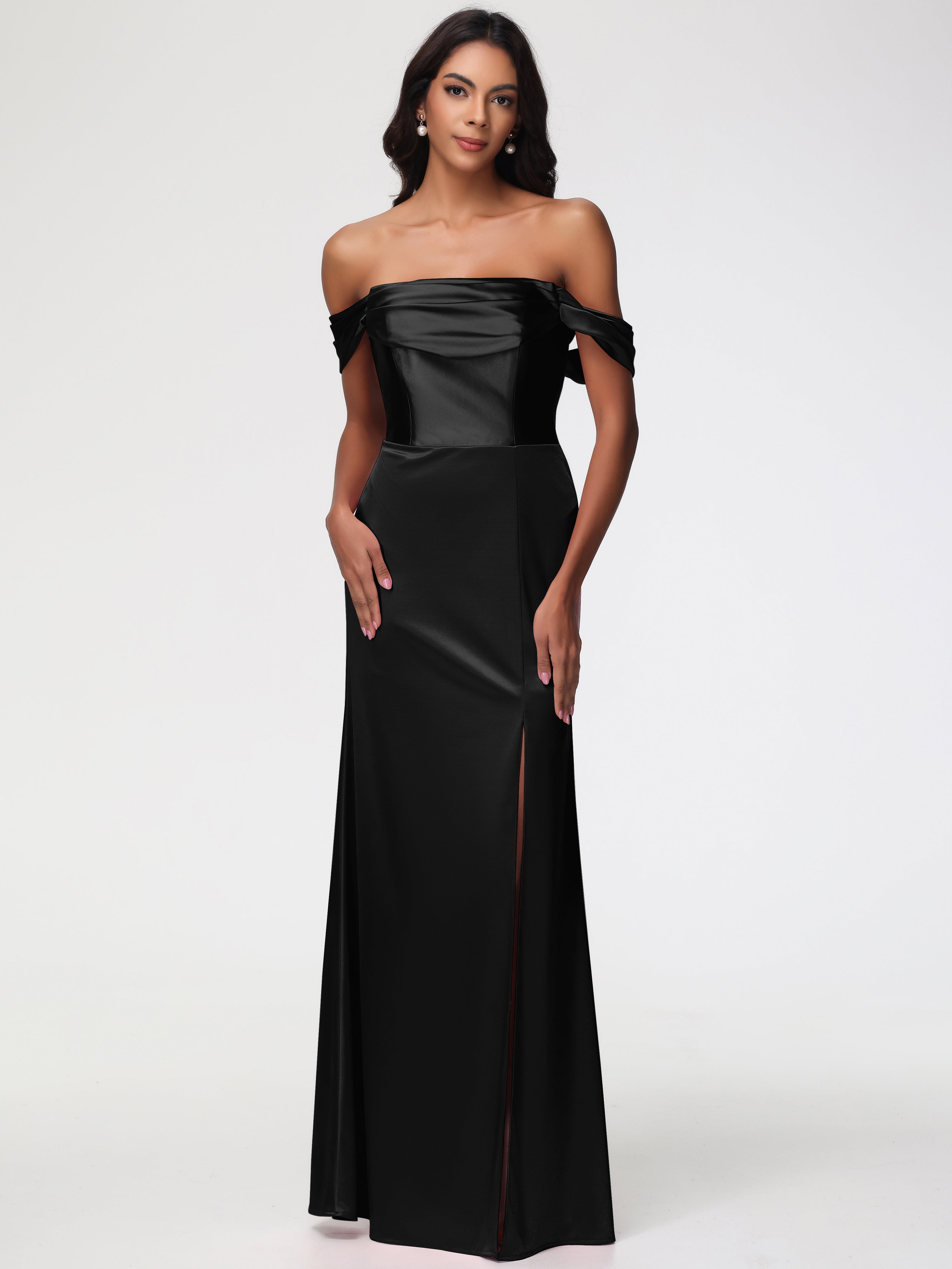 Black Bridesmaid Dress Sheath/Column Off The Shoulder Minimalist Slit