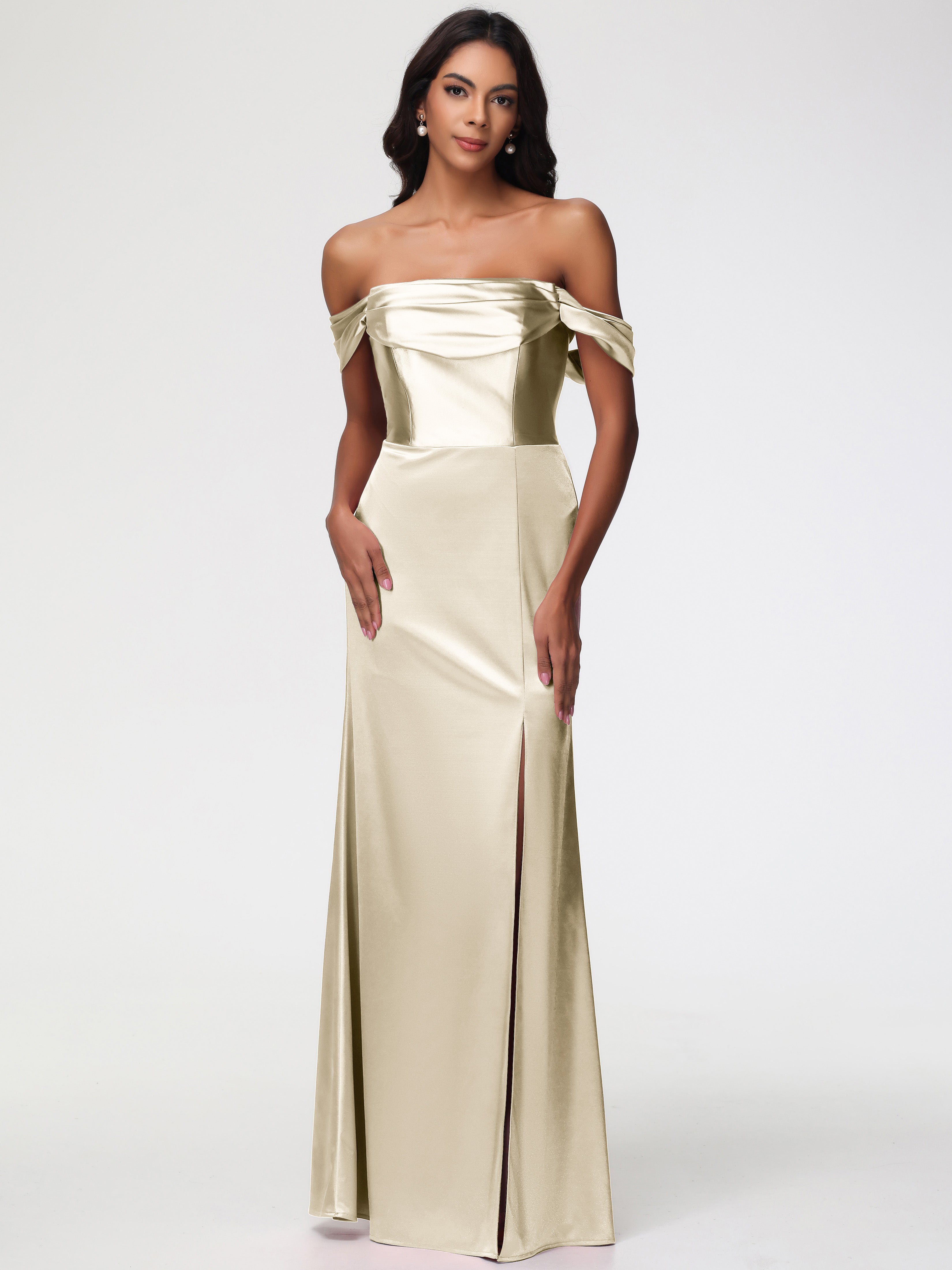 Champagne Satin Bridesmaid Dresses Sheath/Column Off The Shoulder Mini Champagne Satin Bridesmaid Dresses Sheath/Column Off The Shoulder Mini