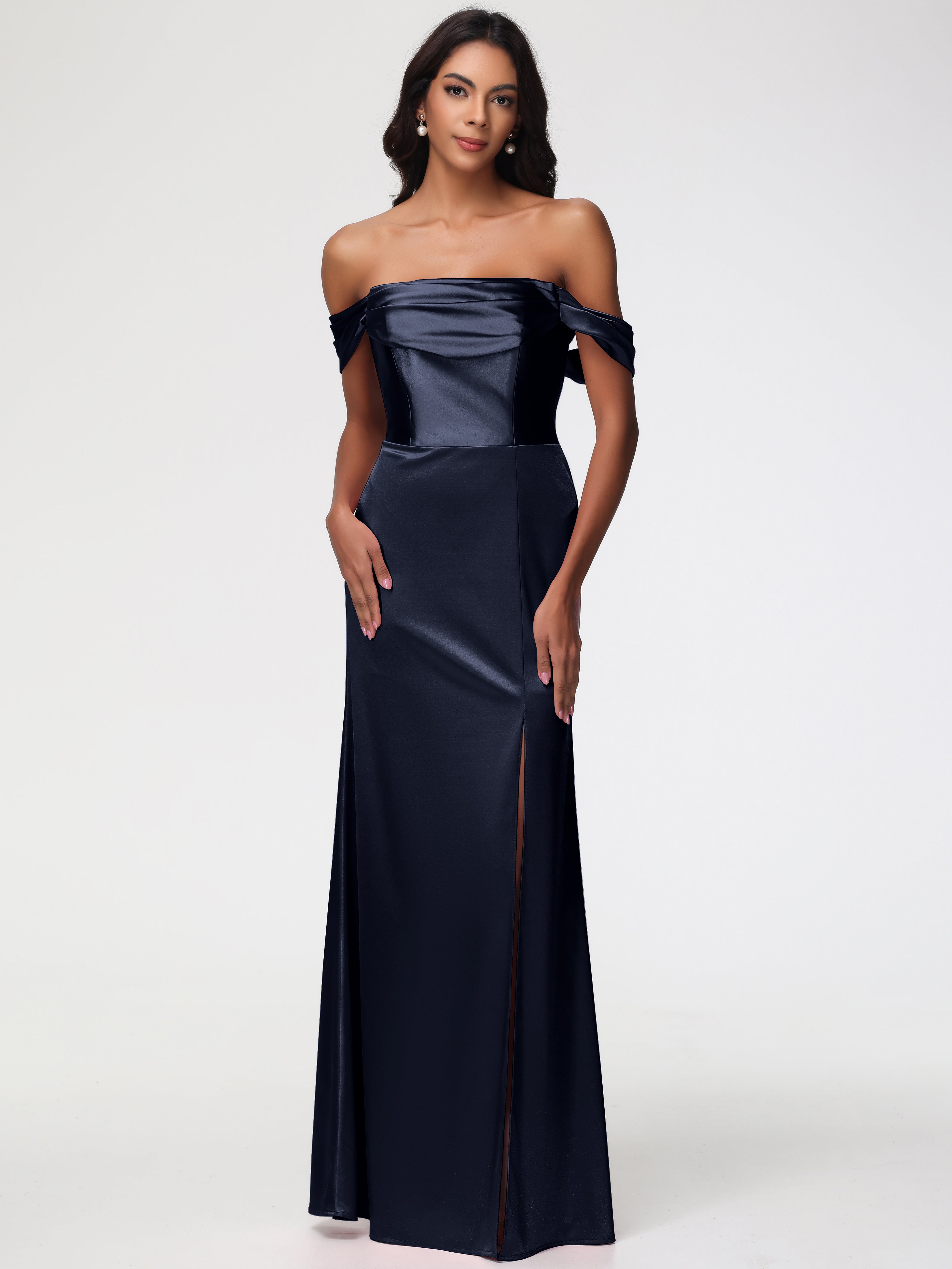 Dark Navy Blue Bridesmaid Dress Sheath/Column Off The Shoulder Minimal Dark Navy Blue Bridesmaid Dress Sheath/Column Off The Shoulder Minimal