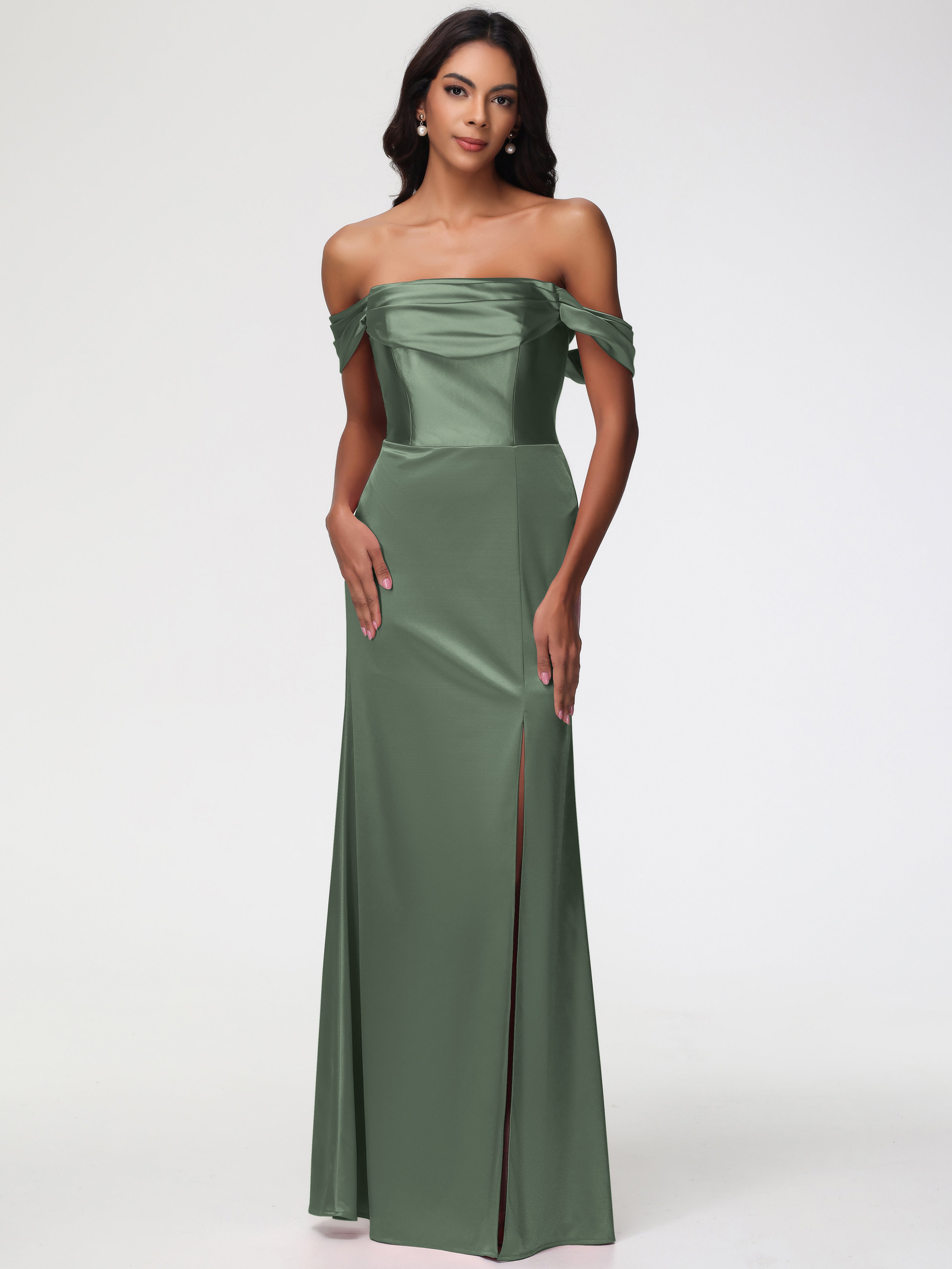Olive Green Satin Dress Bridesmaid Sheath/Column Off The Shoulder Mini