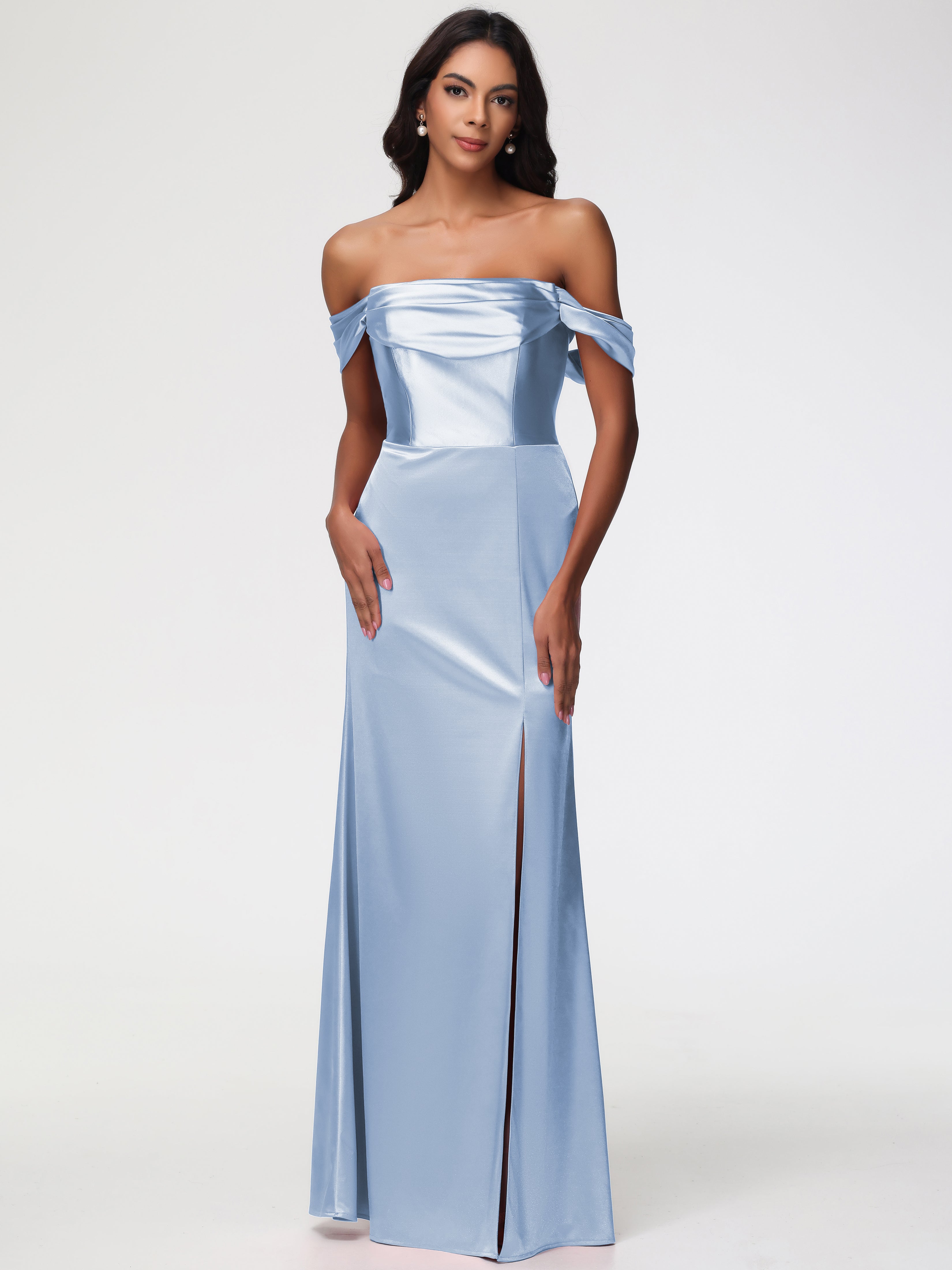 Sky Blue Satin Bridesmaid Dresses Sheath/Column Off The Shoulder Minim