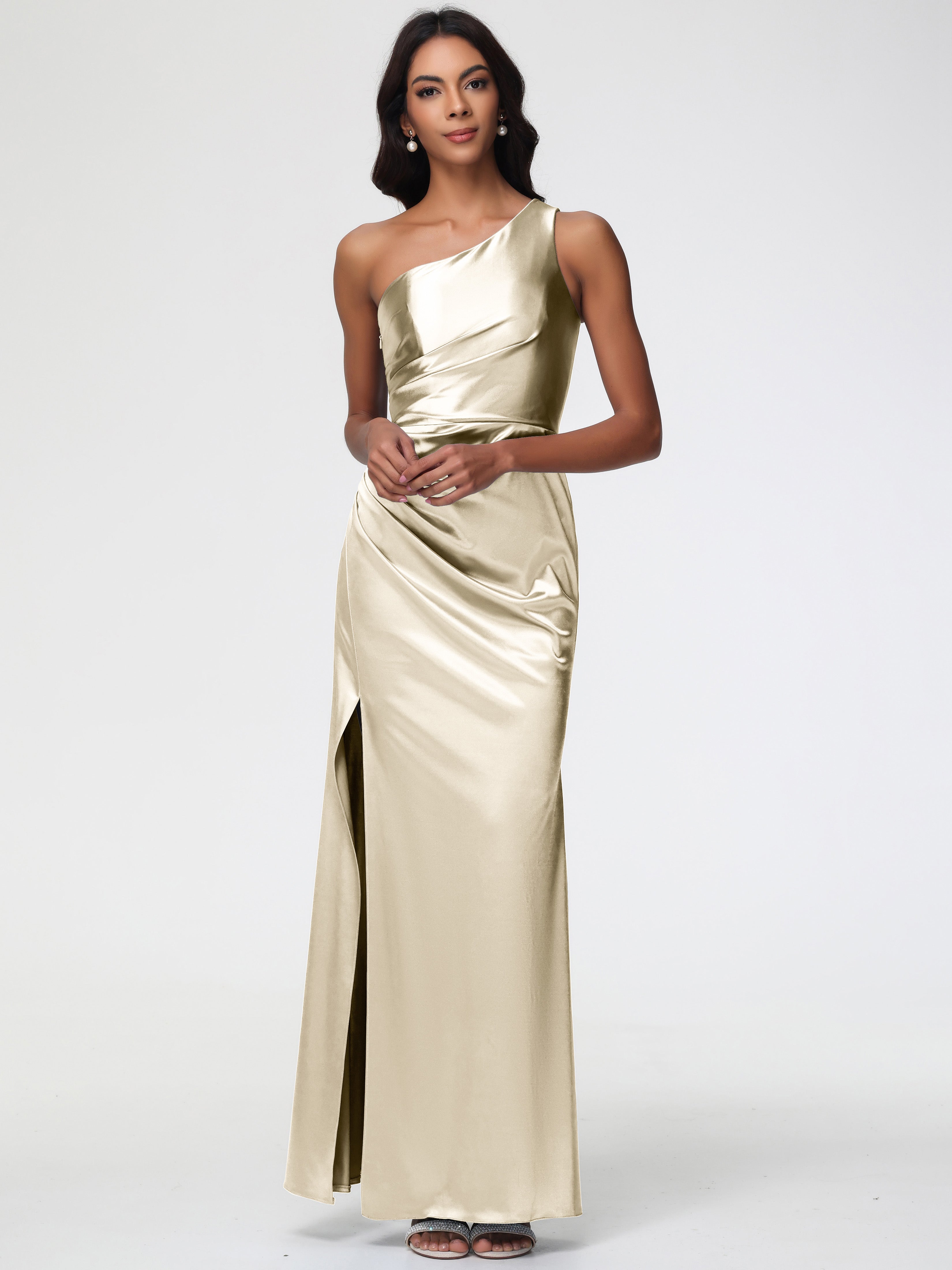 Champagne Colour Prom Dresses One Shoulder Ruched Sleeveless Sheath/Co