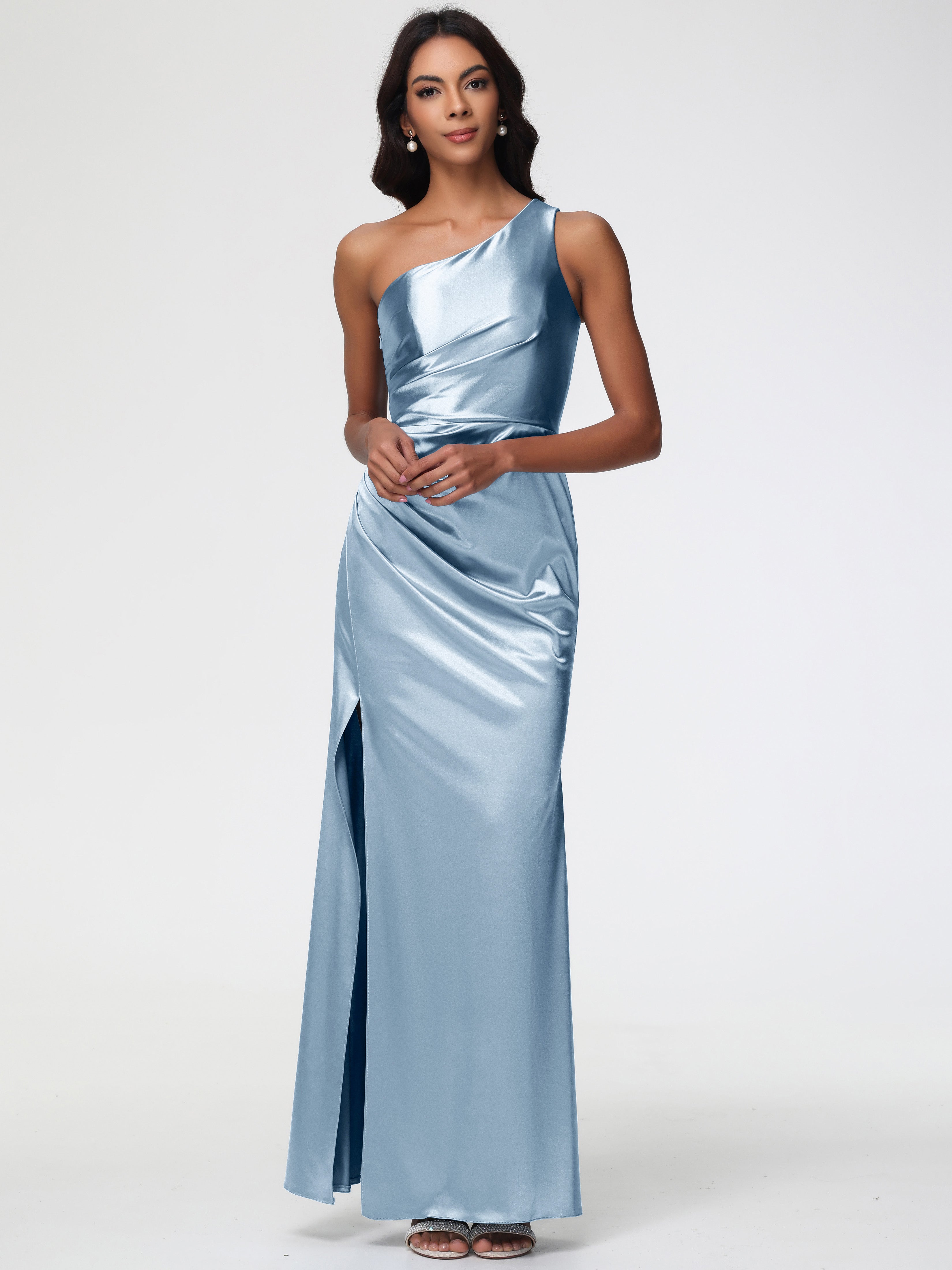 Dusty Blue Prom Dresses Next One Shoulder Ruched Sleeveless Sheath/Col