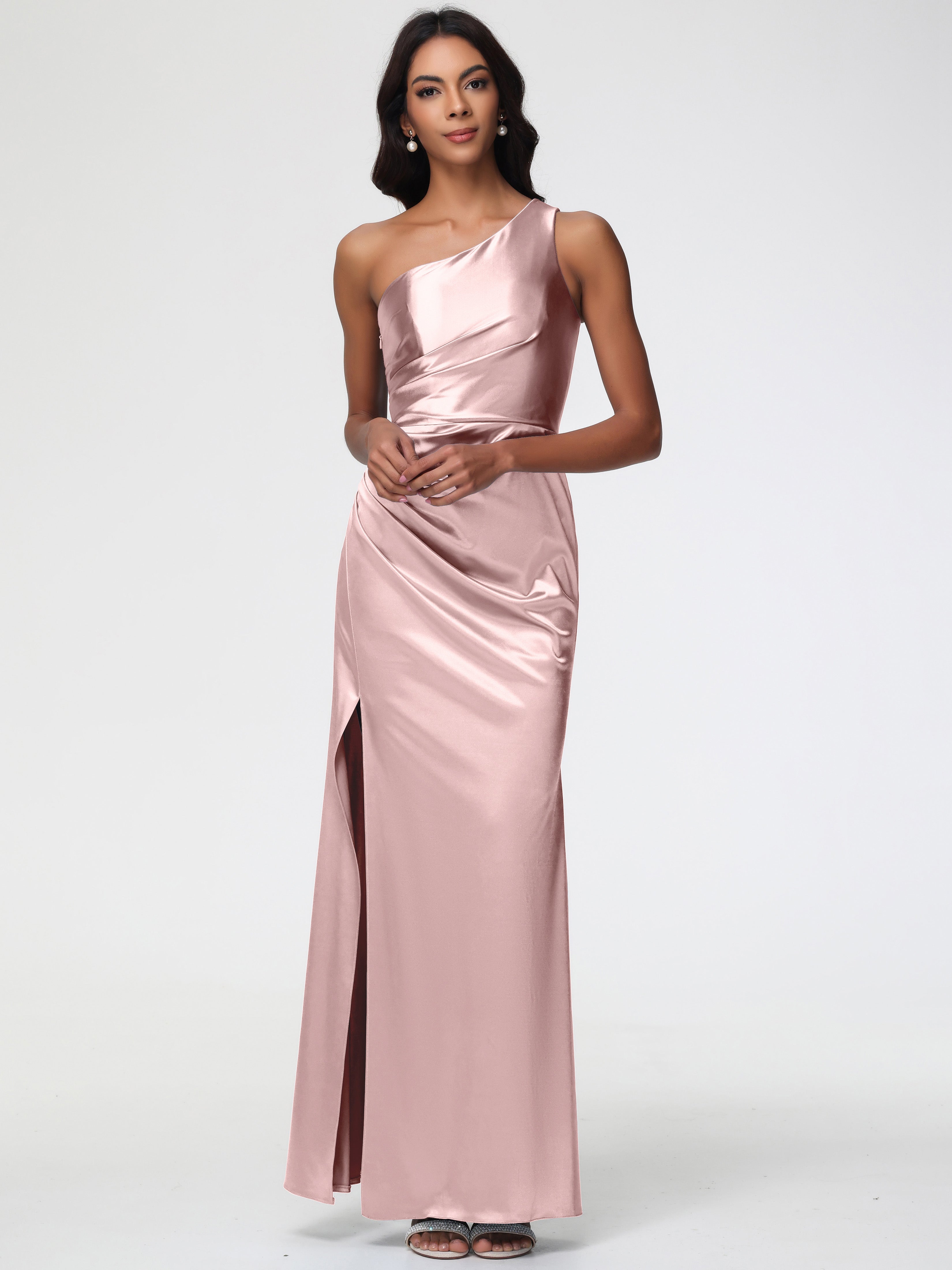 Dusty Rose Pink Prom Dresses One Shoulder Ruched Sleeveless Sheath/Column Floor Length Prom Dresses With Slit Dusty Rose Pink Prom Dresses One Shoulder Ruched Sleeveless Sheath/Column Floor Length Prom Dresses With Slit