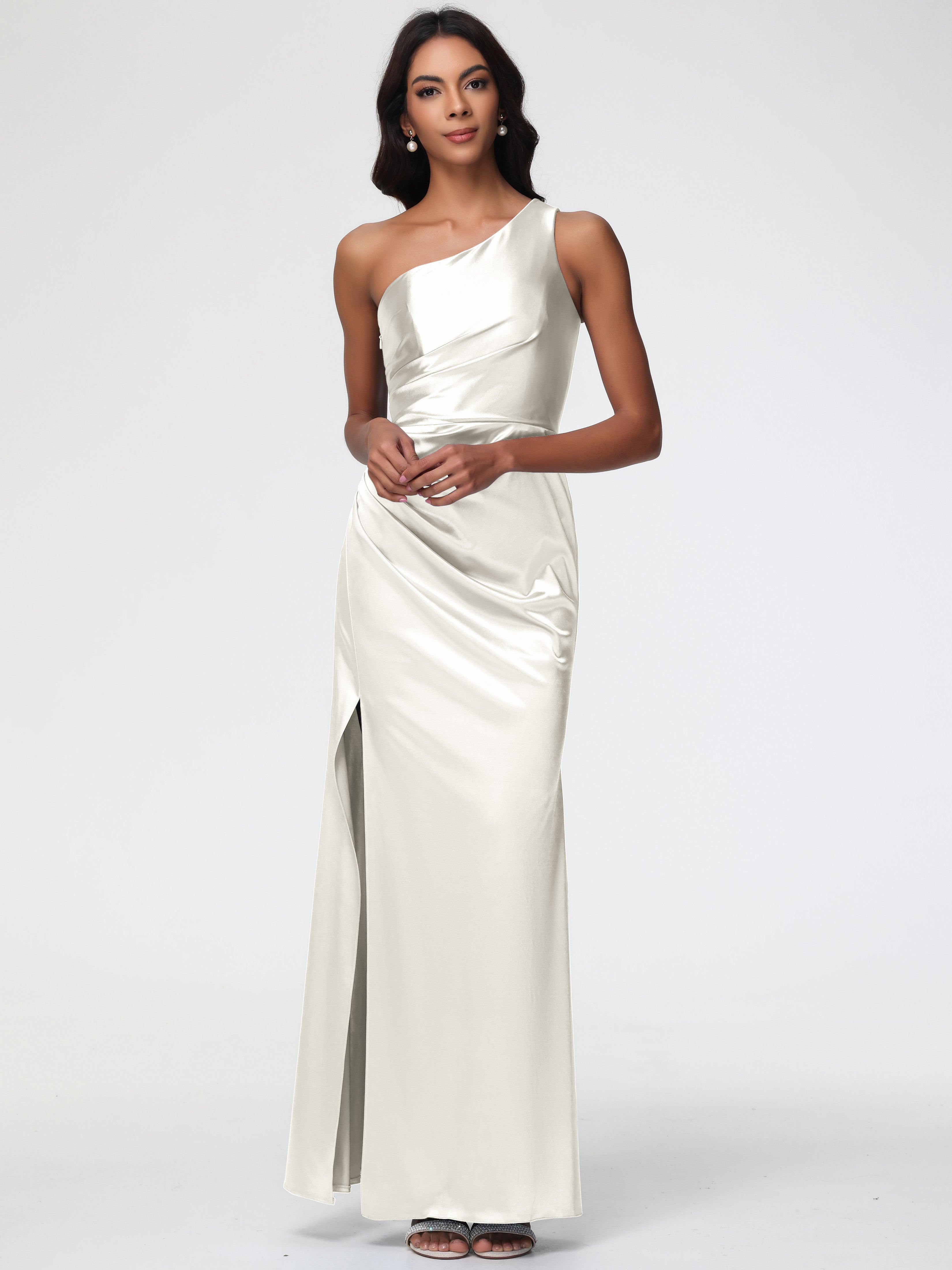 Long Ivory Bridesmaid Dresses One Shoulder Ruched Sleeveless Sheath/Co