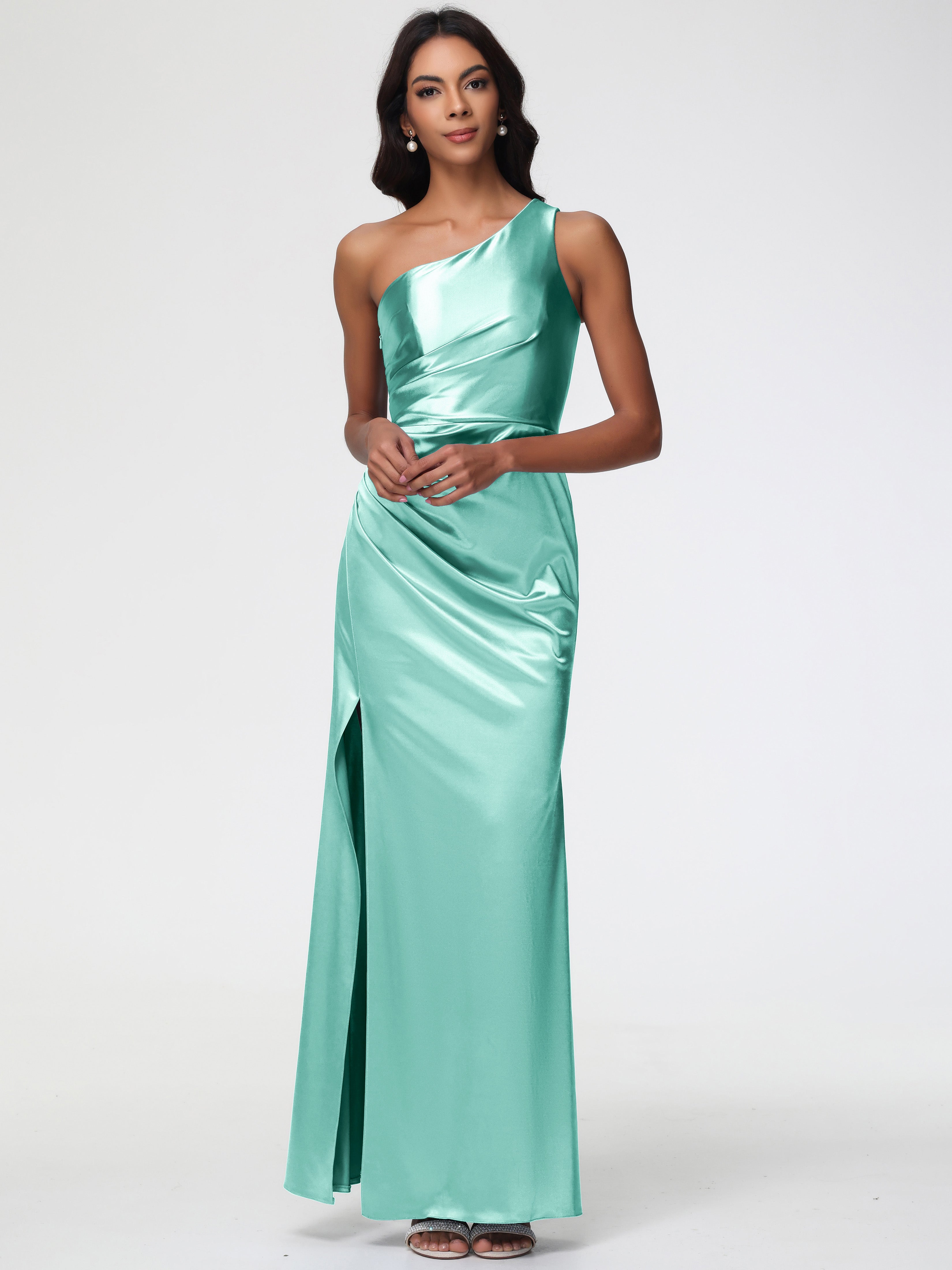 Mint Green Bridesmaids Dress One Shoulder Ruched Sleeveless Sheath/Col