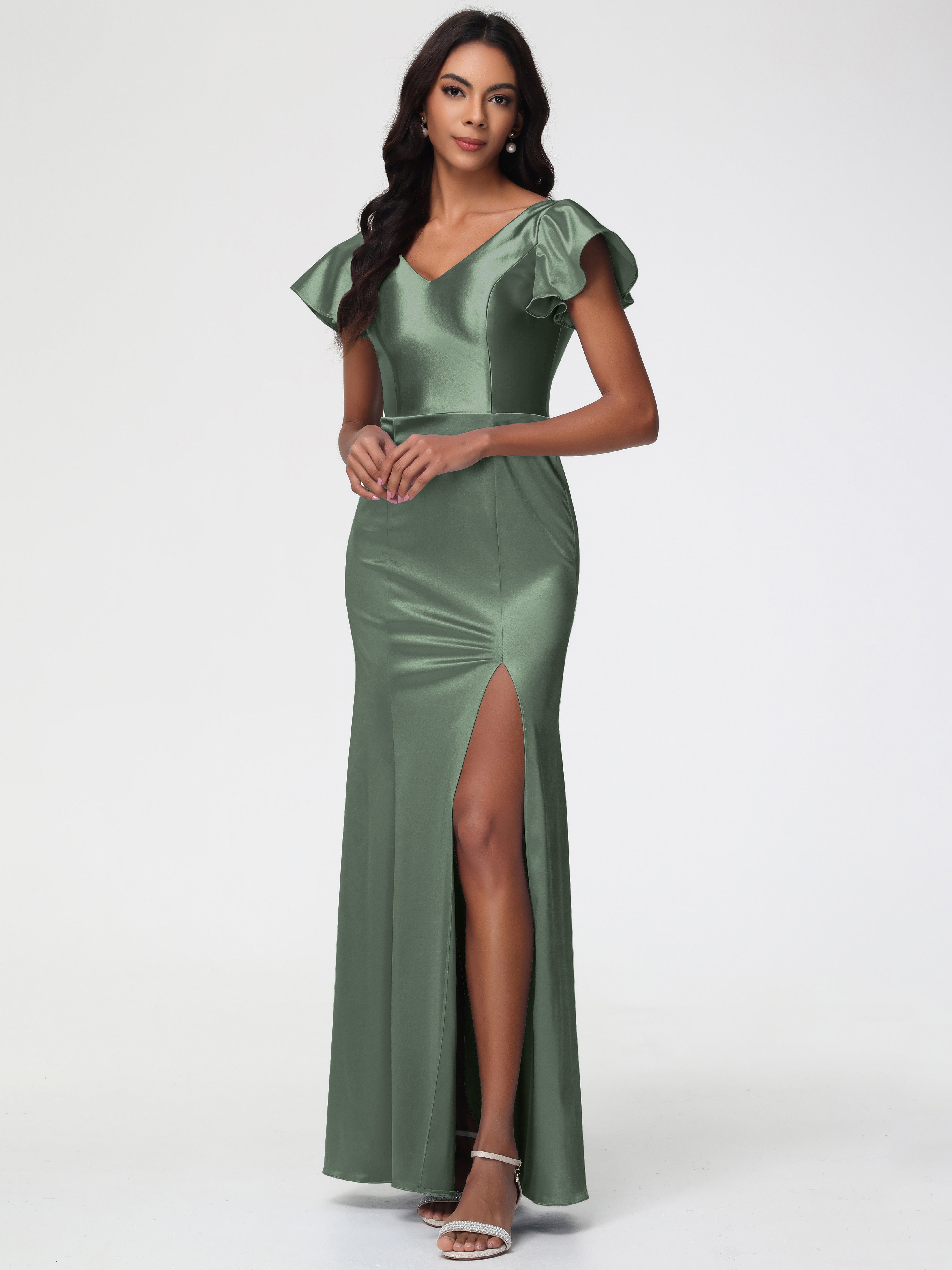Boho Olive Green Prom Dress Trumpet/Mermaid Short Sleeve V-Neck Floor Boho Olive Green Prom Dress Trumpet/Mermaid Short Sleeve V-Neck Floor