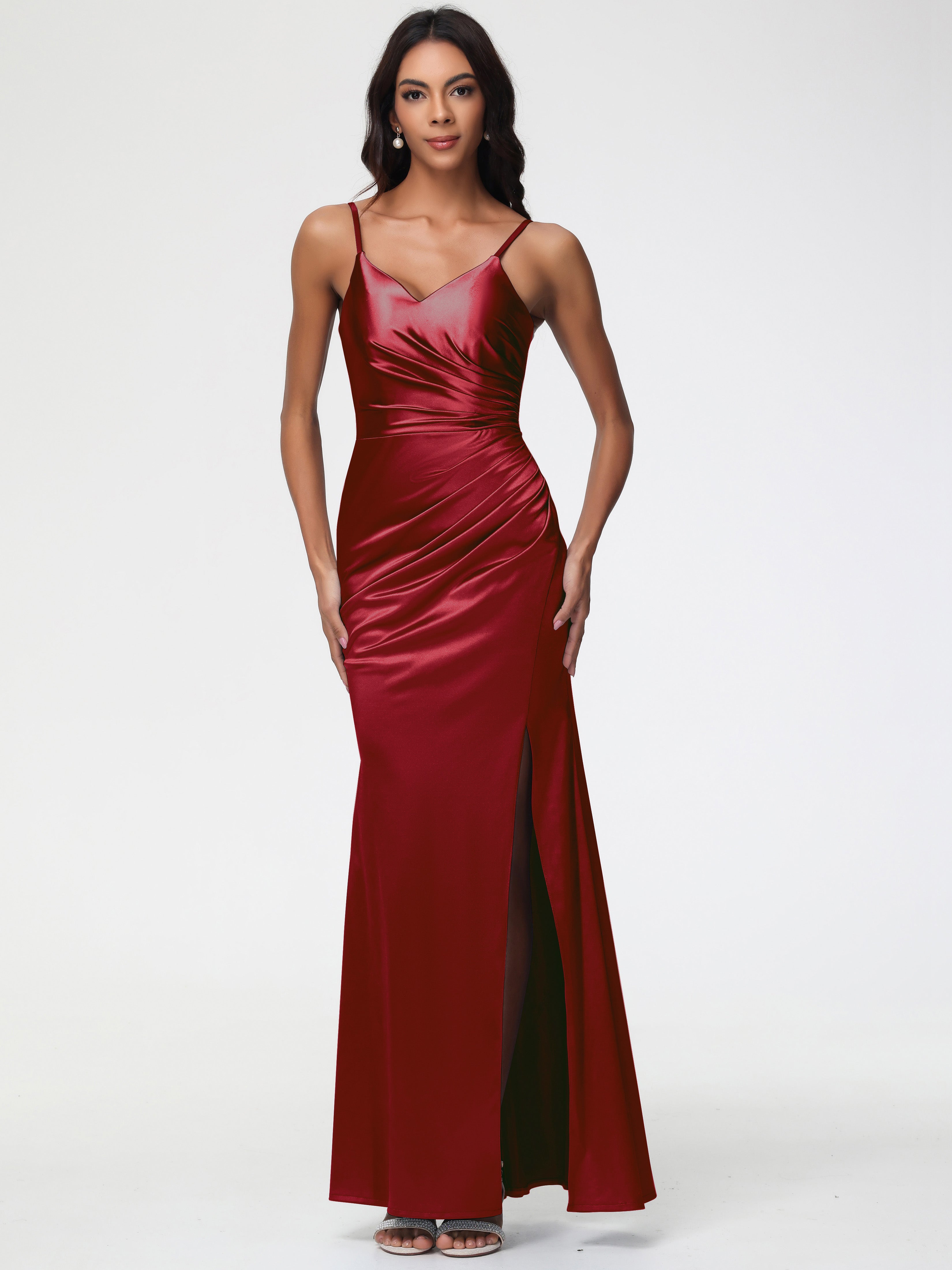 Satin Burgundy Prom Dresses Spaghetti Straps V-Neck Sleeveless Pleats