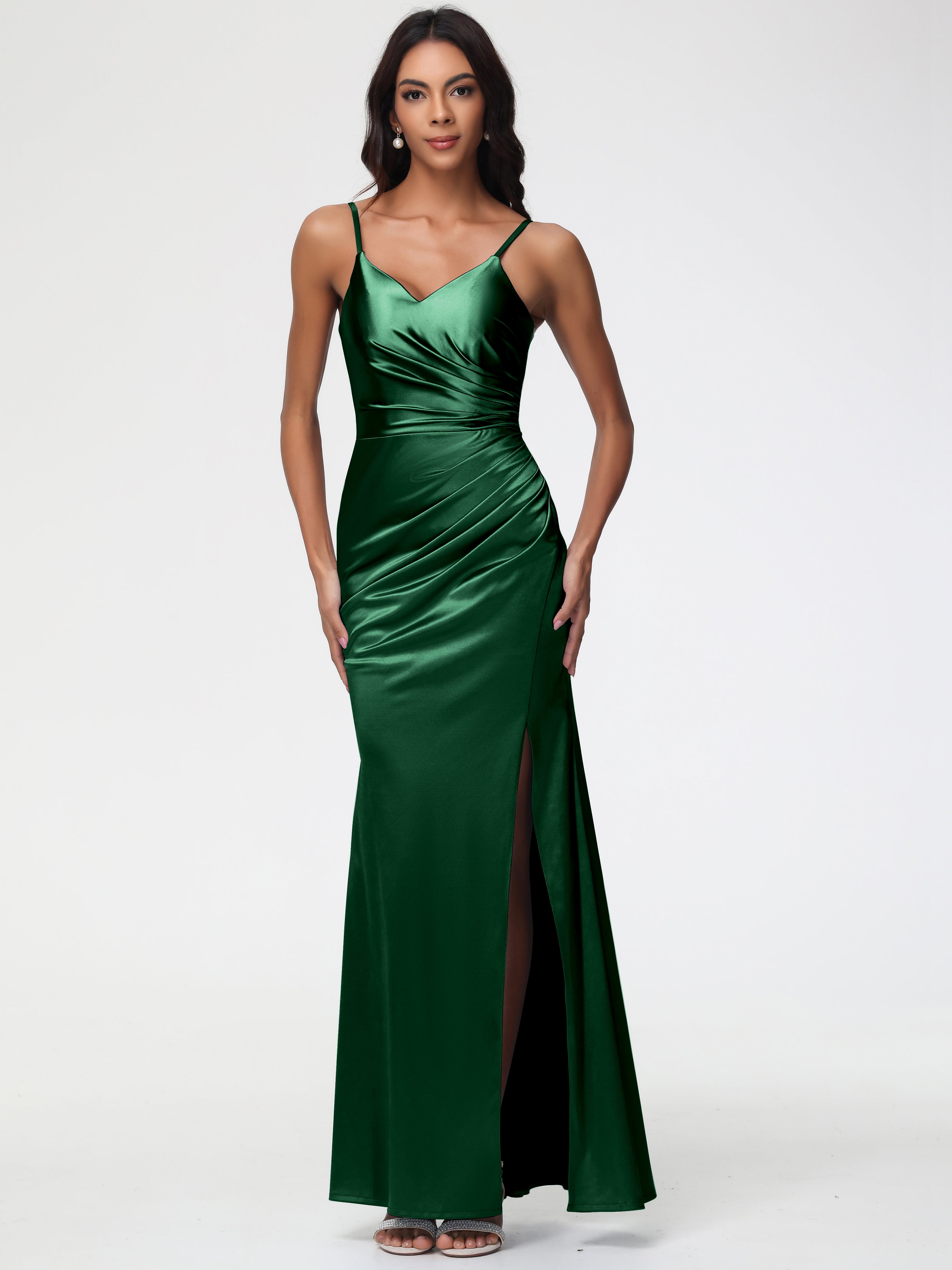 V-Neck Spaghetti Straps Ruffle Side Dark Green Formal Dresses