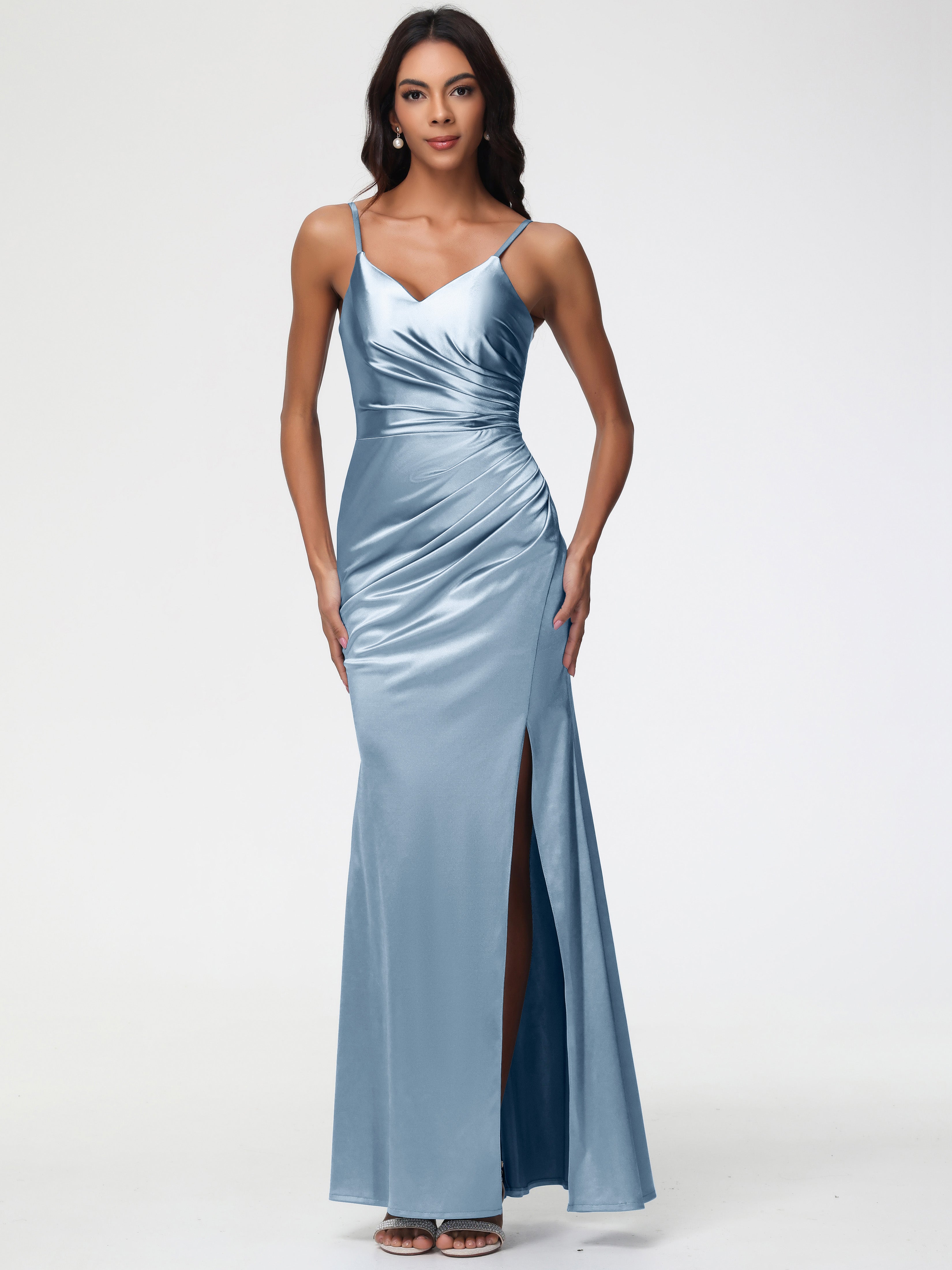 Dusty Blue Bridesmaids Dress Spaghetti Straps V-Neck Sleeveless Pleats