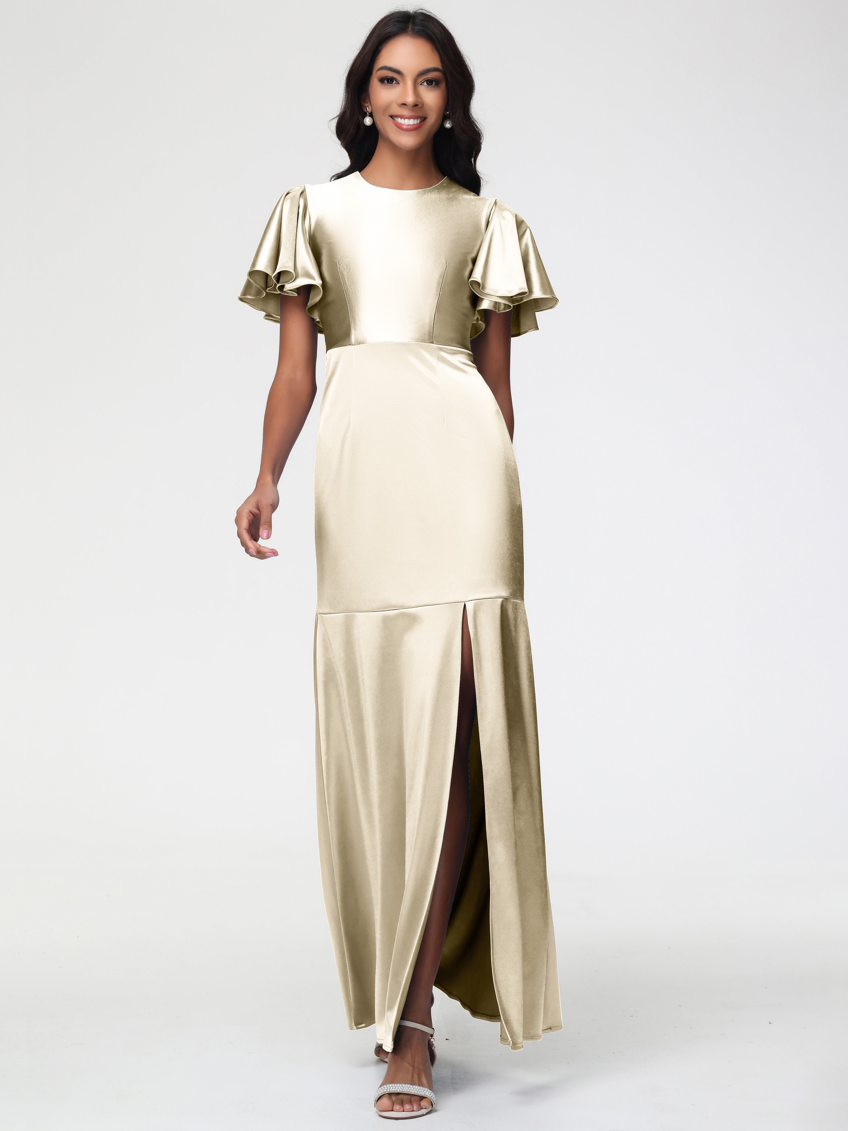 Champagne Prom Dresses With Sleeves Short Sleeves Trumpet/Mermaid Zipp Champagne Prom Dresses With Sleeves Short Sleeves Trumpet/Mermaid Zipp