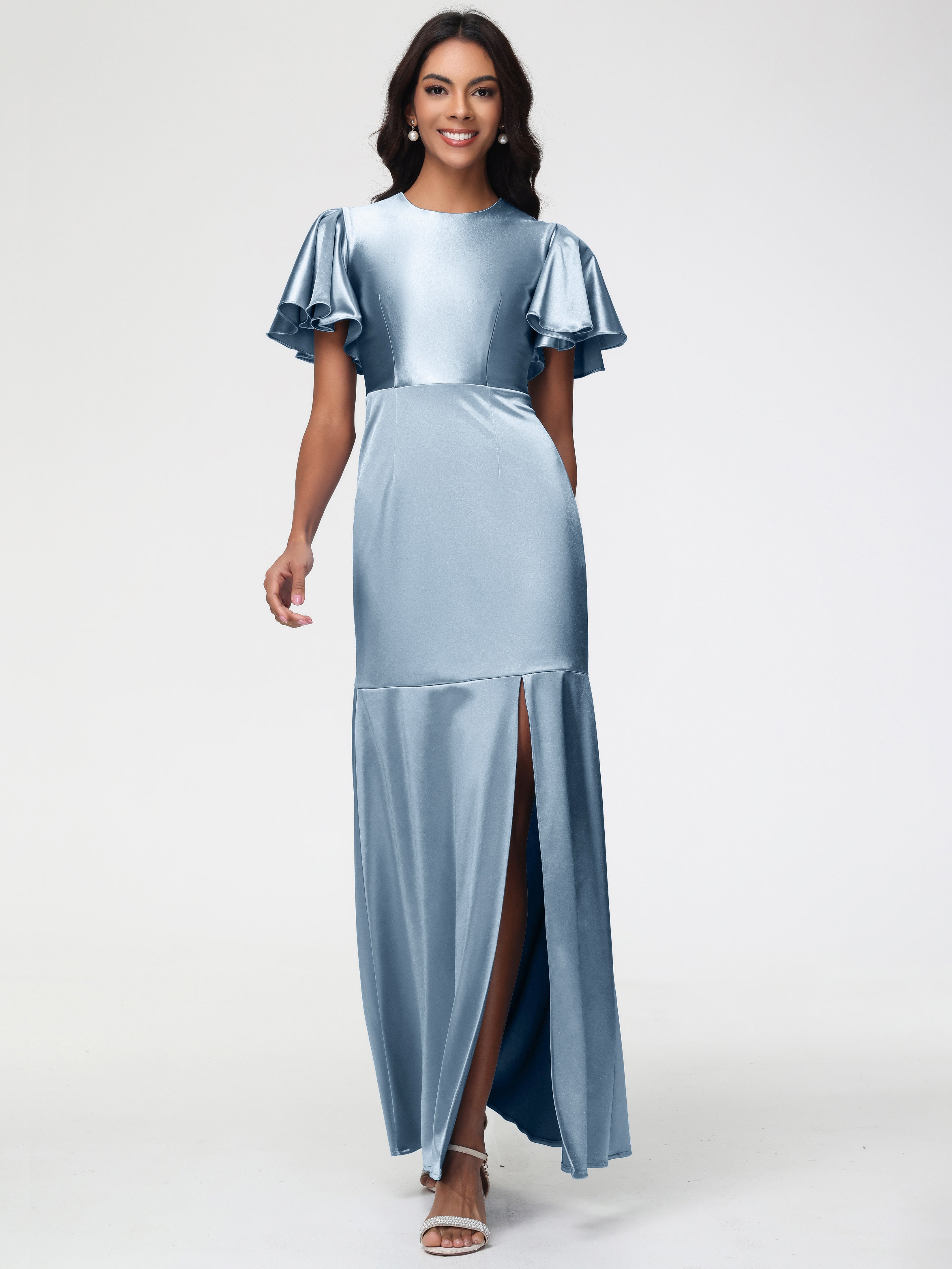 Dusty Blue Prom Dresses With Sleeves Short Sleeves Trumpet/Mermaid Zip