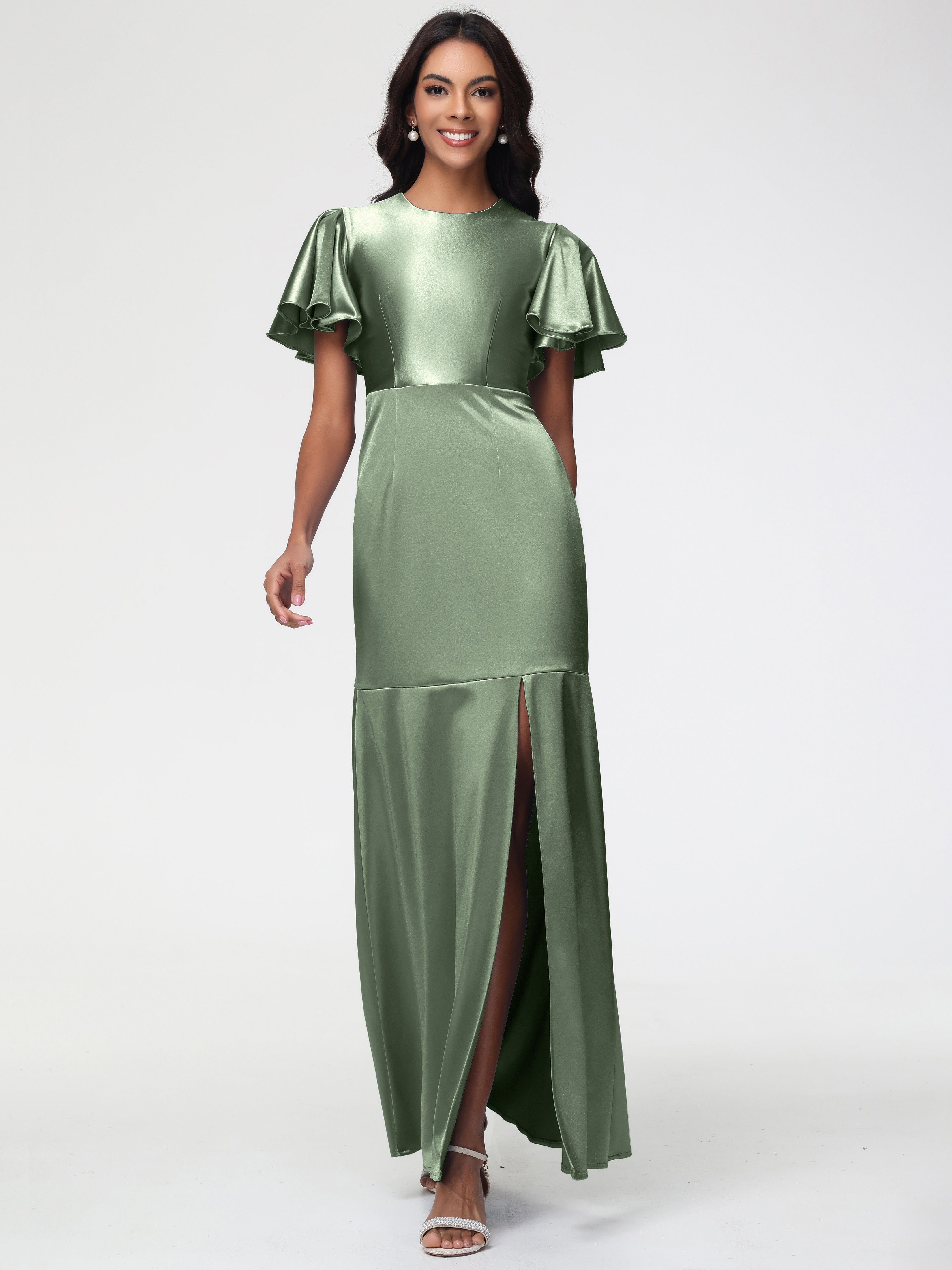 Wedding Dusty Sage Green Bridesmaid Dresses Short Sleeves Trumpet/Merm Wedding Dusty Sage Green Bridesmaid Dresses Short Sleeves Trumpet/Merm