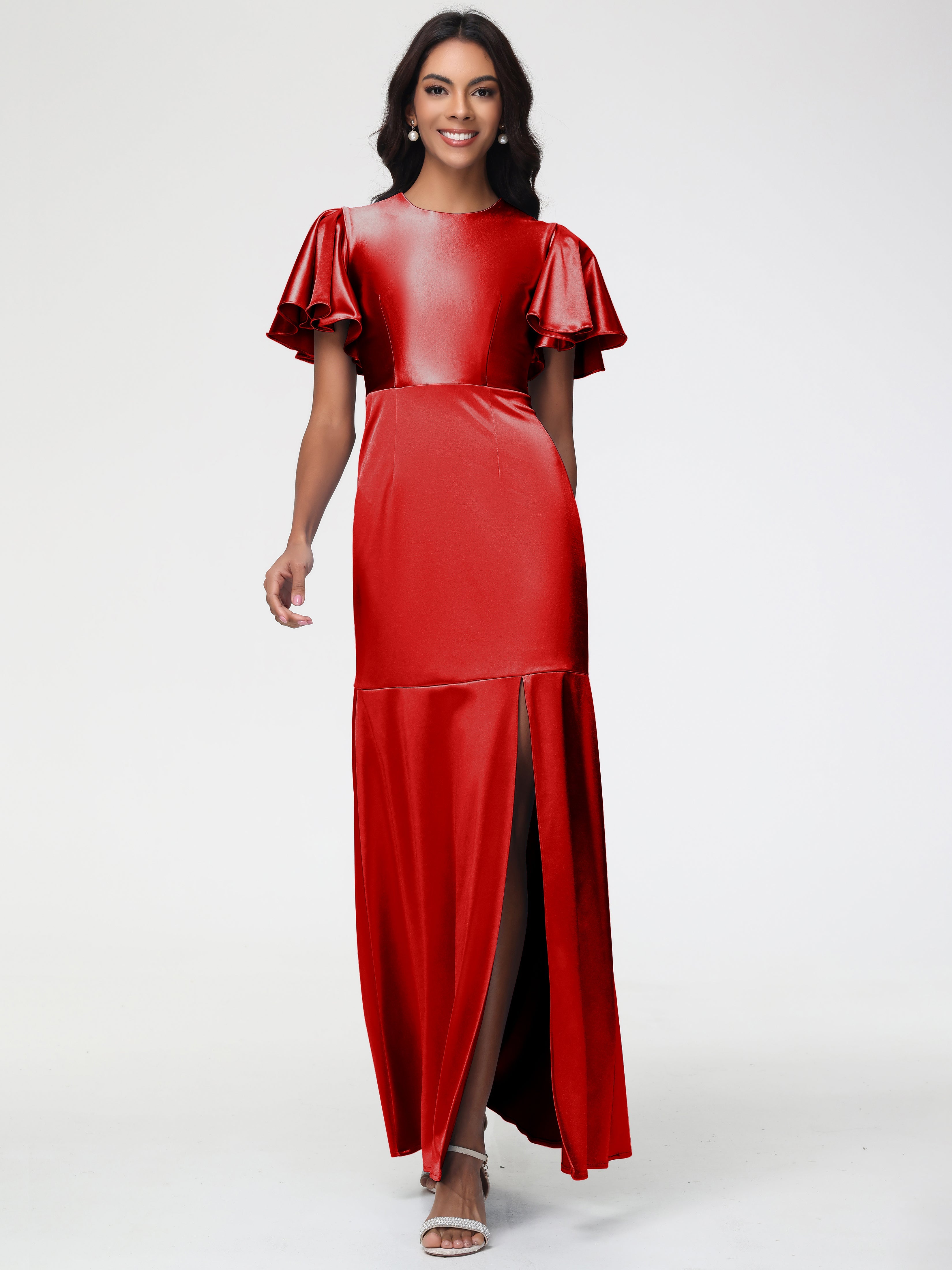 Red Bridesmaid Dresses With Sleeves Short Sleeves Trumpet/Mermaid Zipp