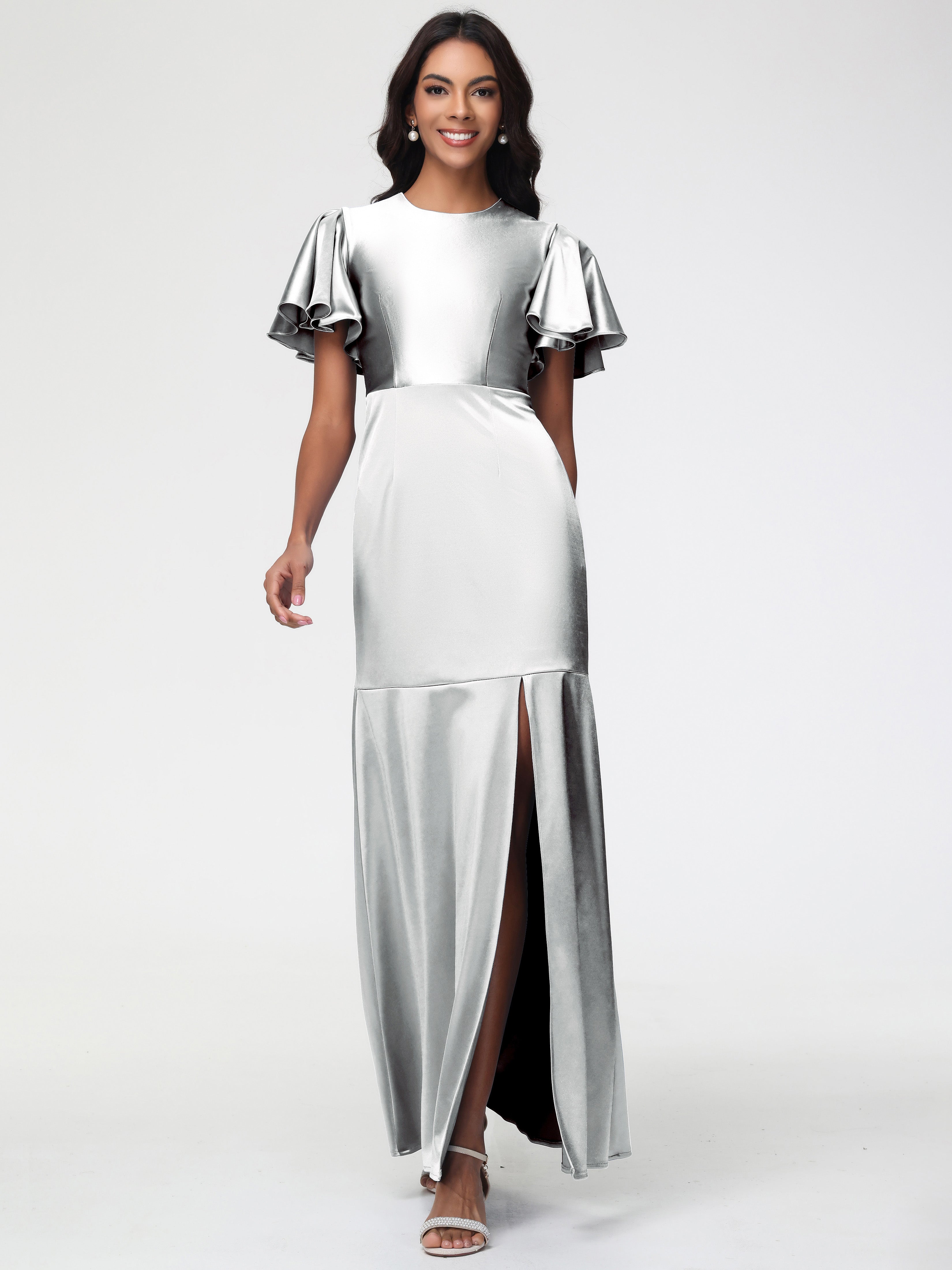 Silver Bridesmaid Dress With Sleeves Short Sleeves Trumpet/Mermaid Zip