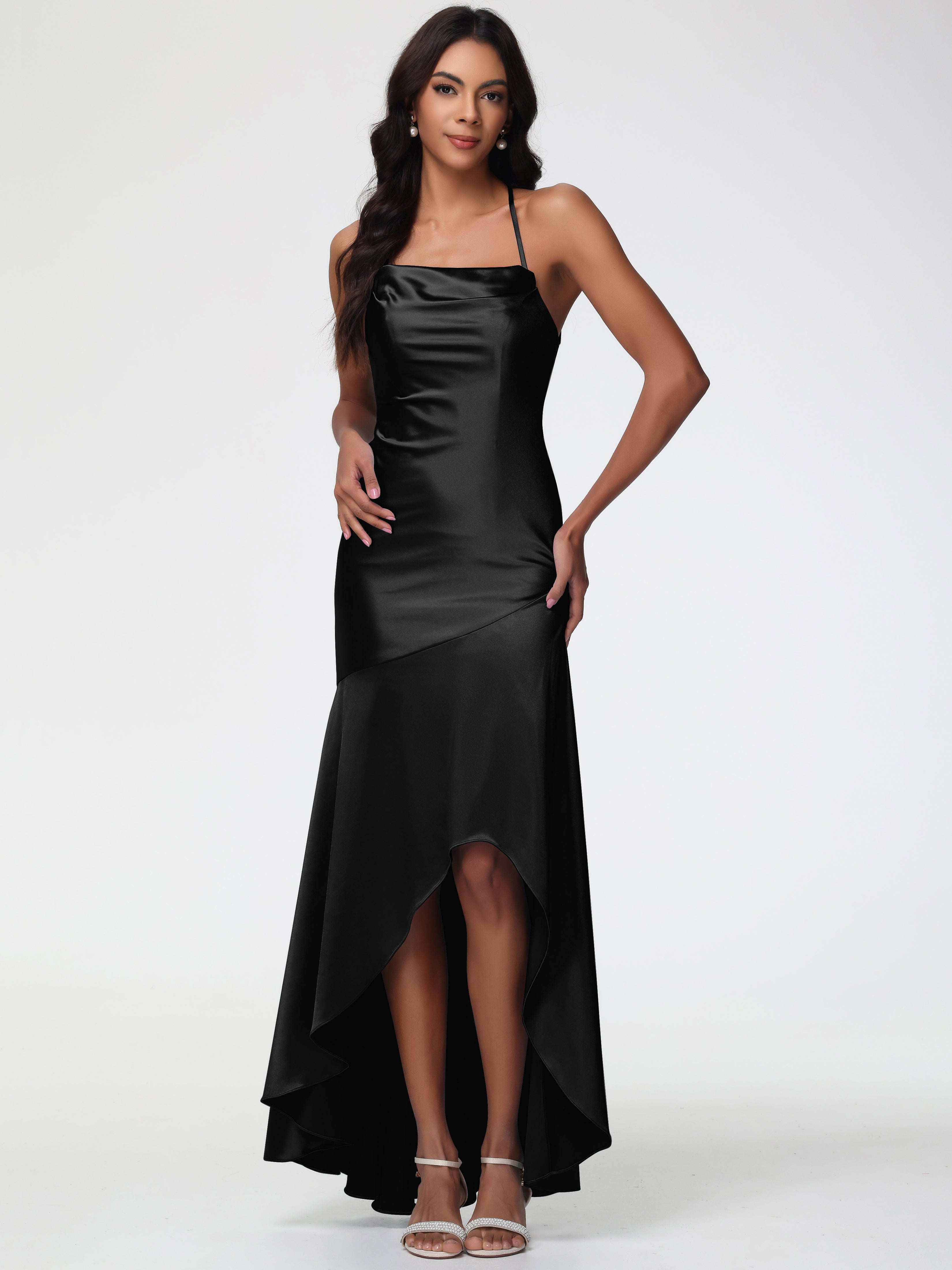Black Satin Bridesmaid Dresses Spaghetti Straps Halter Sleeveless Zipp