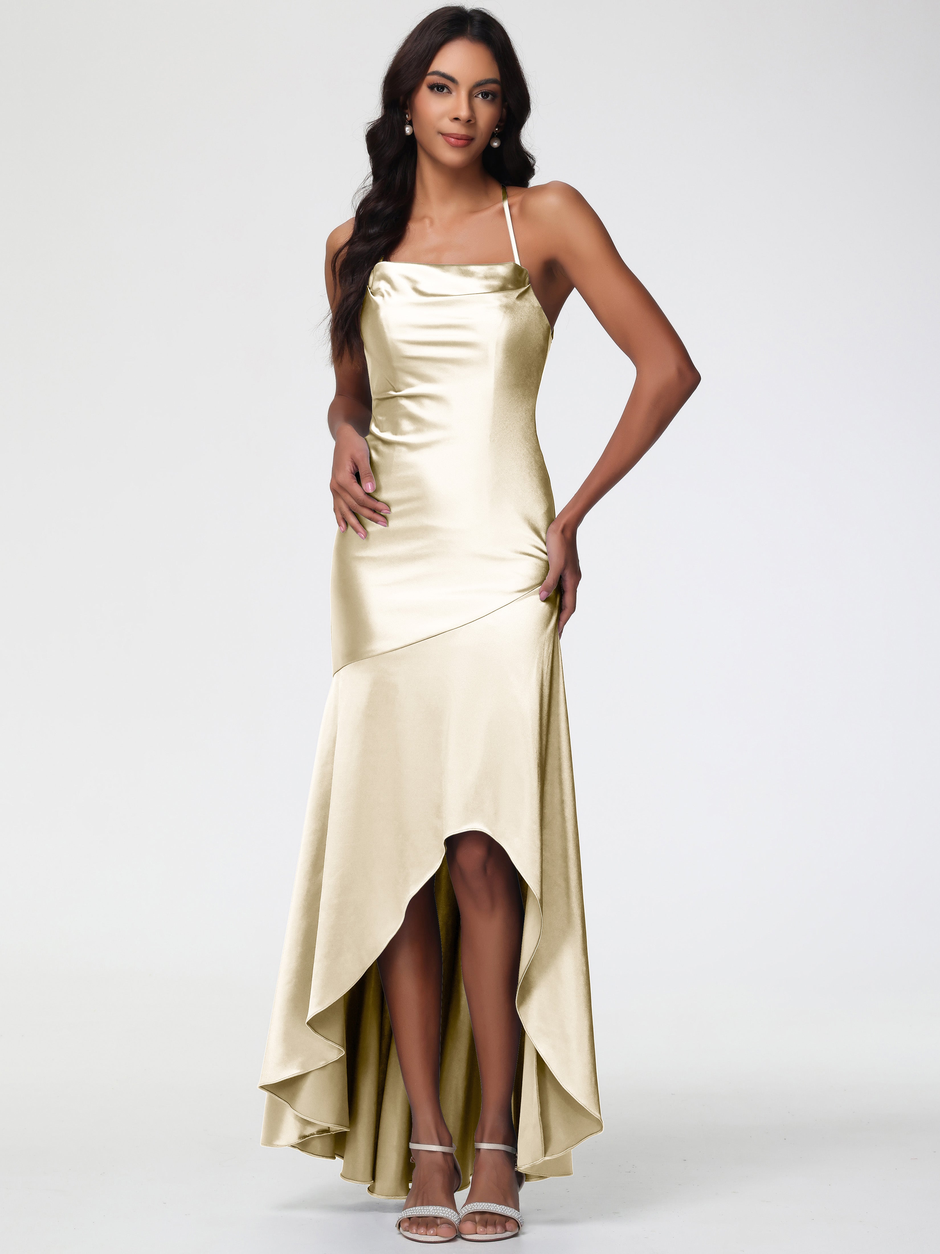 Champagne Gold Bridesmaid Dresses Spaghetti Straps Halter Sleeveless Z
