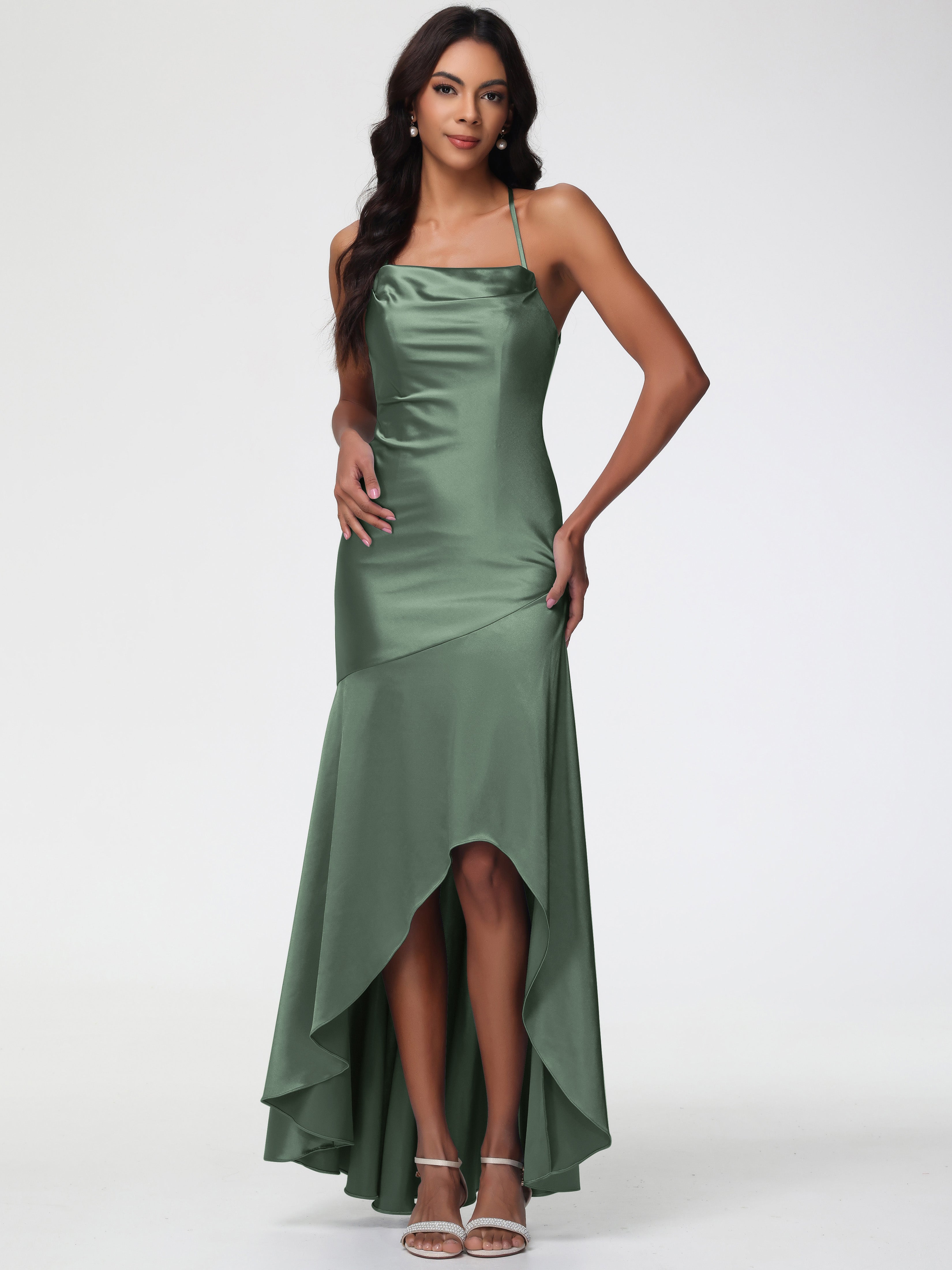 Vintage Olive Green Spaghetti Strap Strapless 3D Floral Satin Long Prom Dress Evening Dress cc5392 main image 0