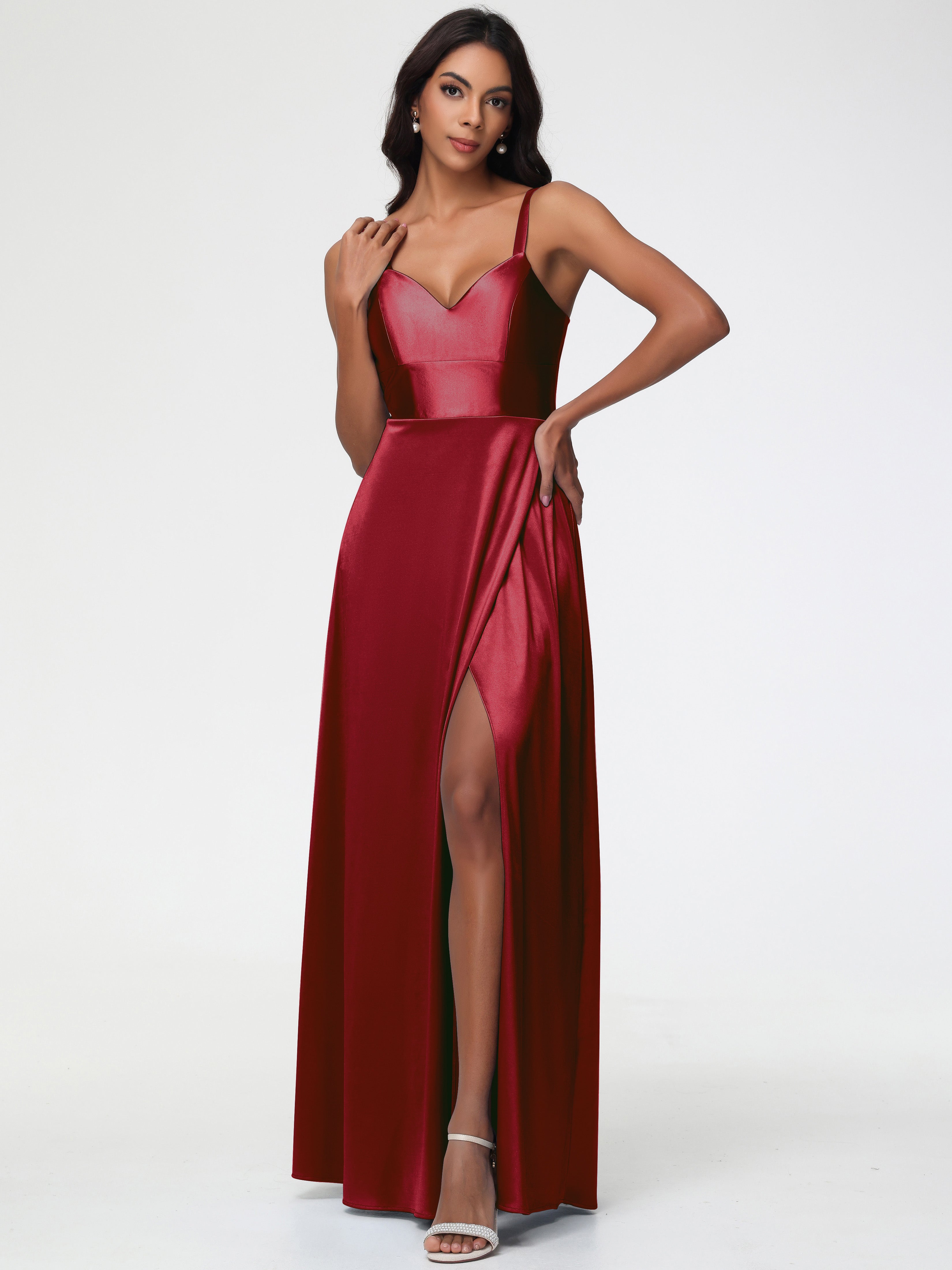 Burgundy Satin Bridesmaid Dresses A-Line V-Neck Straps Long Stretch Sa