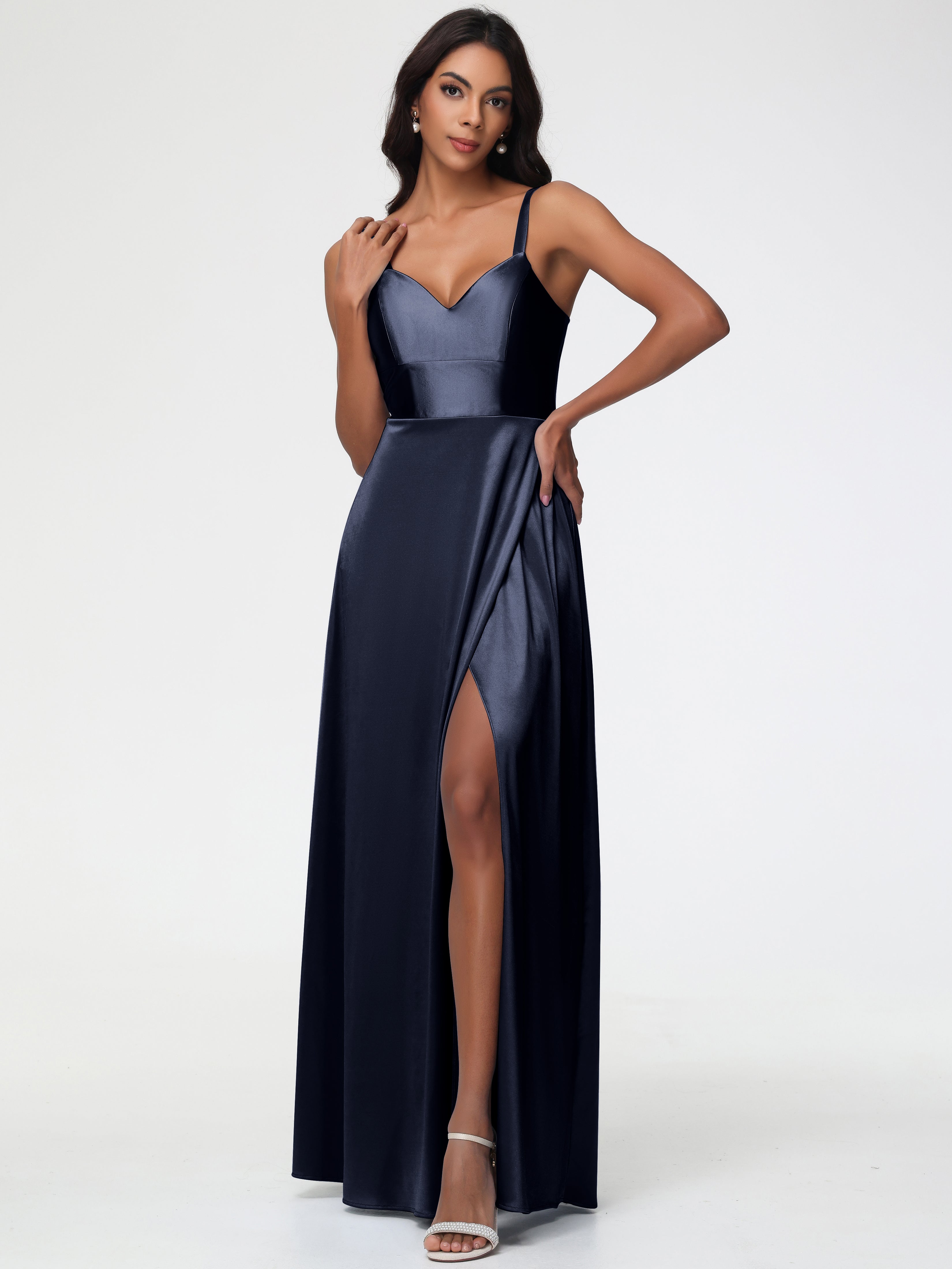 Dark Navy Bridesmaid Dresses Uk A-Line V-Neck Straps Long Stretch Sati