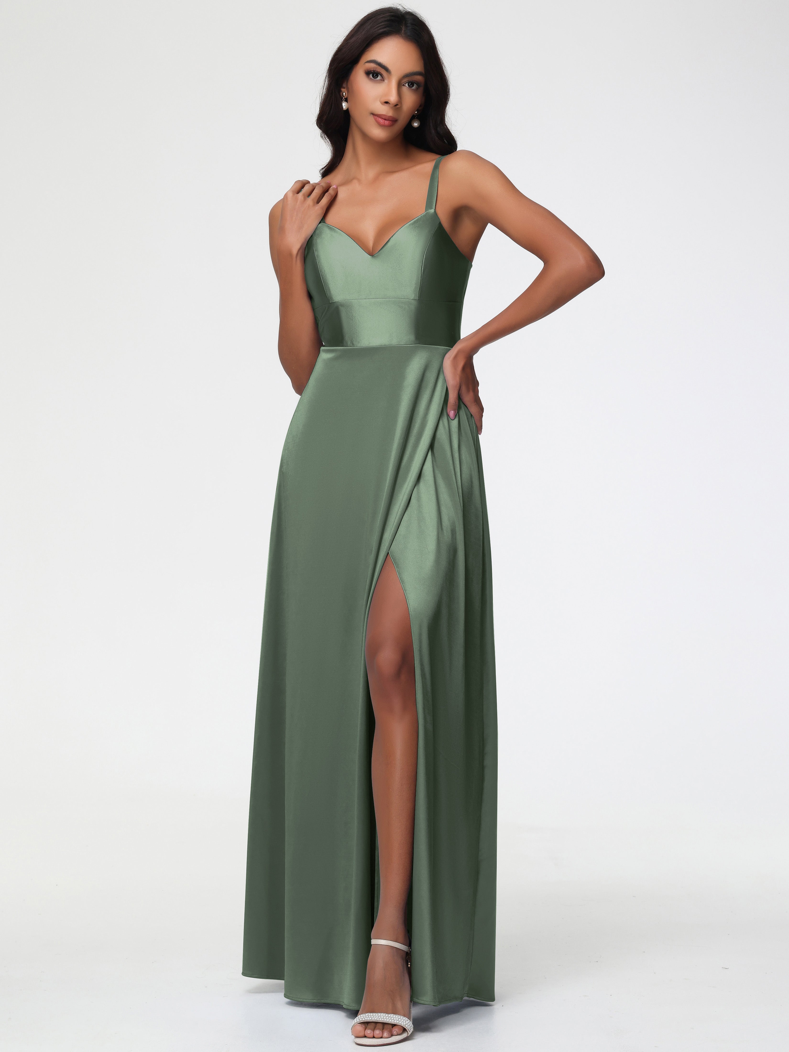 Olive Green Bridesmaids Dresses A-Line V-Neck Straps Long Stretch Sati Olive Green Bridesmaids Dresses A-Line V-Neck Straps Long Stretch Sati