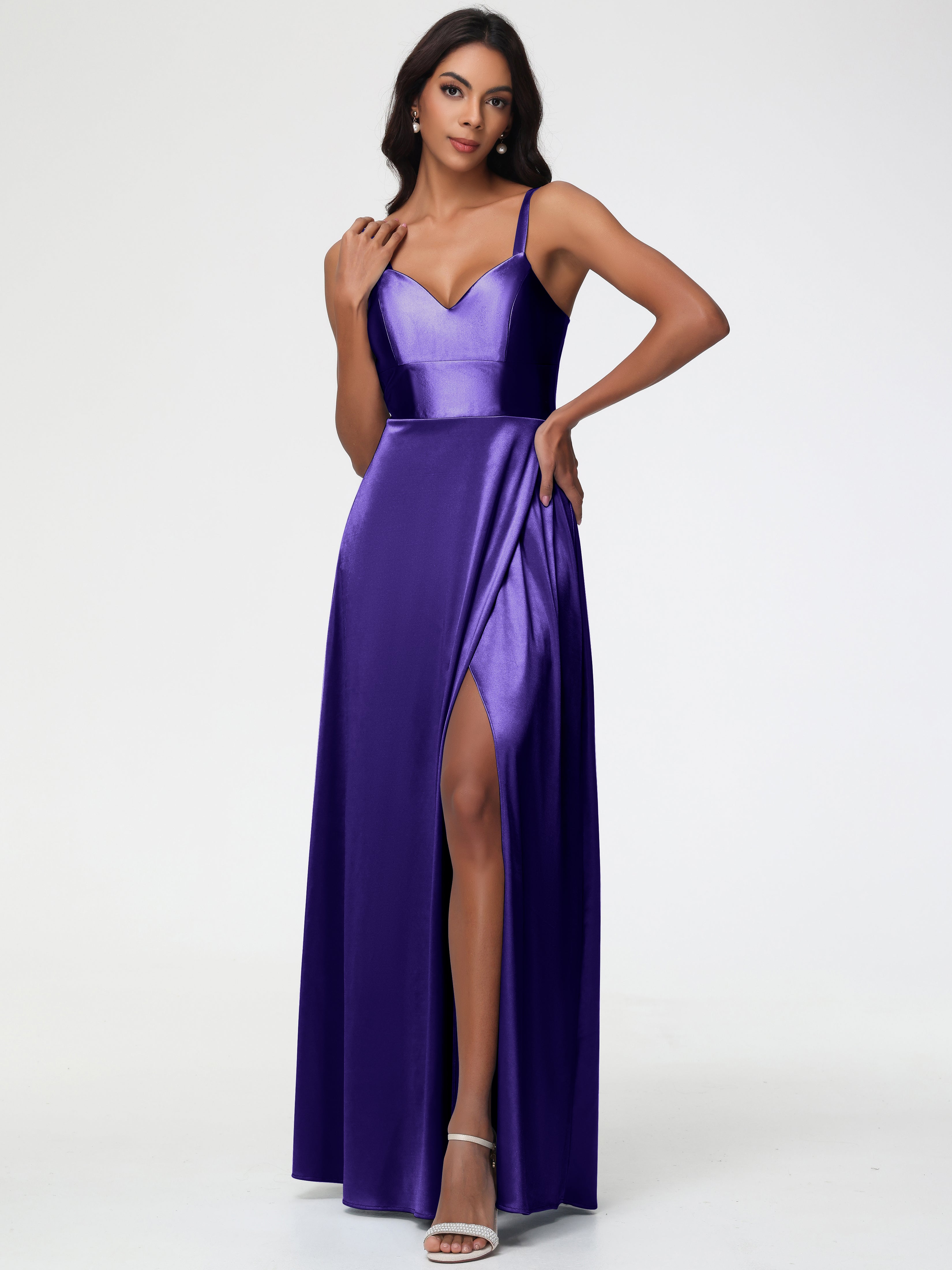 Formal Dresses Lavender A-Line V-Neck Off The Shoulder Long Stretch Satin Formal Dresses With Split