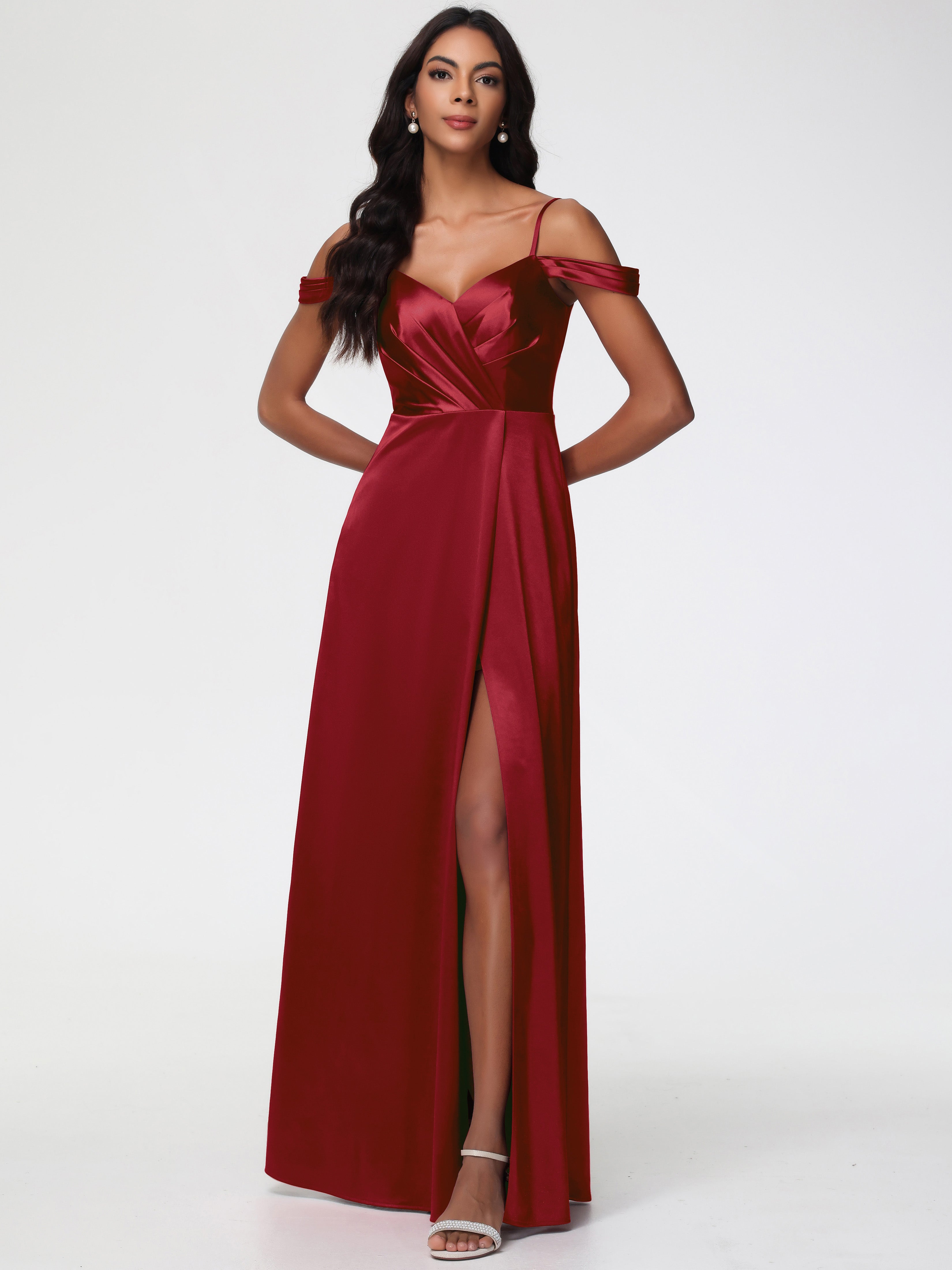 Prom Dresses Burgundy A-Line V-Neck Off The Shoulder Long Stretch Sati Prom Dresses Burgundy A-Line V-Neck Off The Shoulder Long Stretch Sati