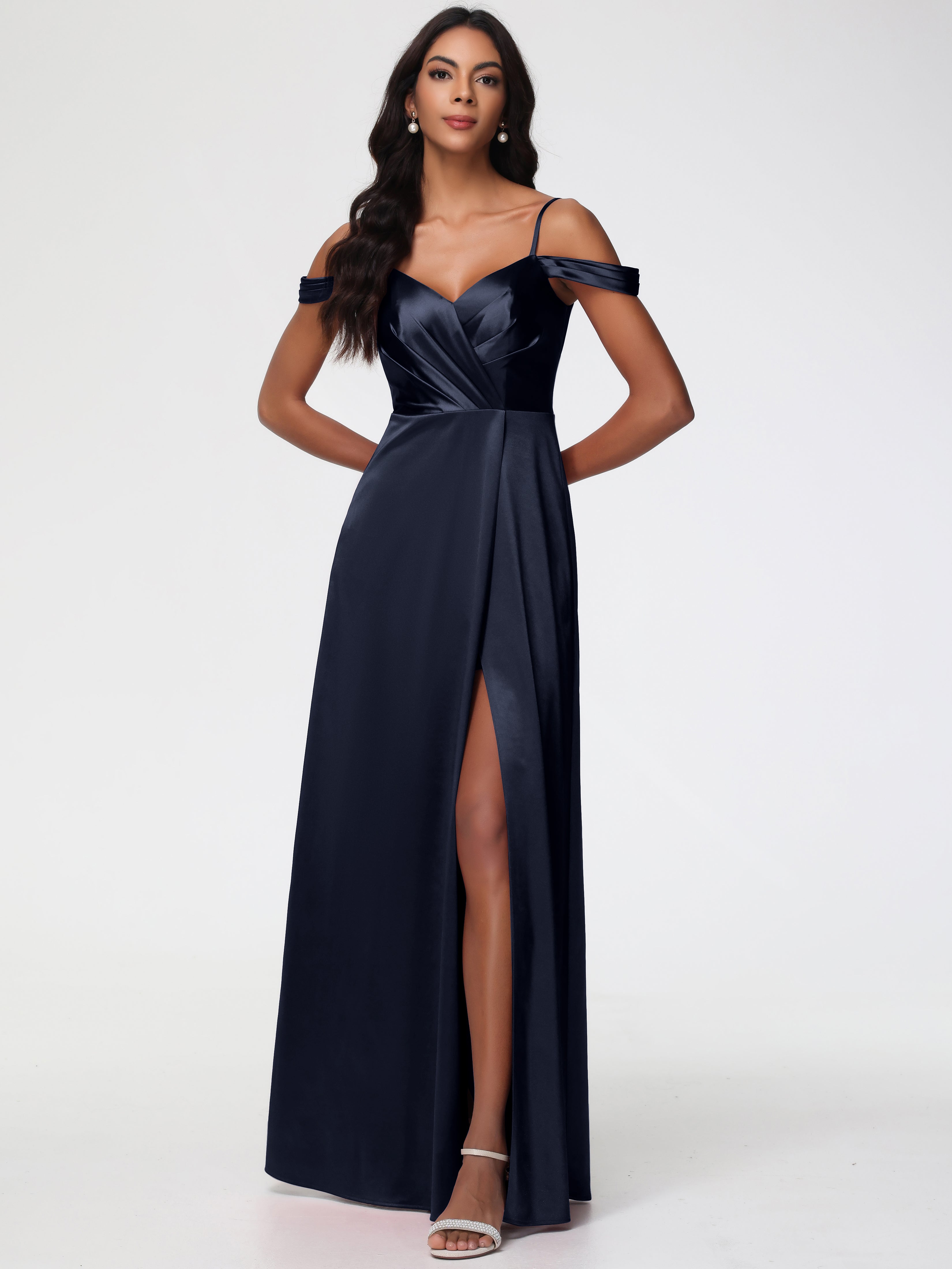 Dark Navy Bridesmaid Dress A-Line V-Neck Off The Shoulder Long Stretch
