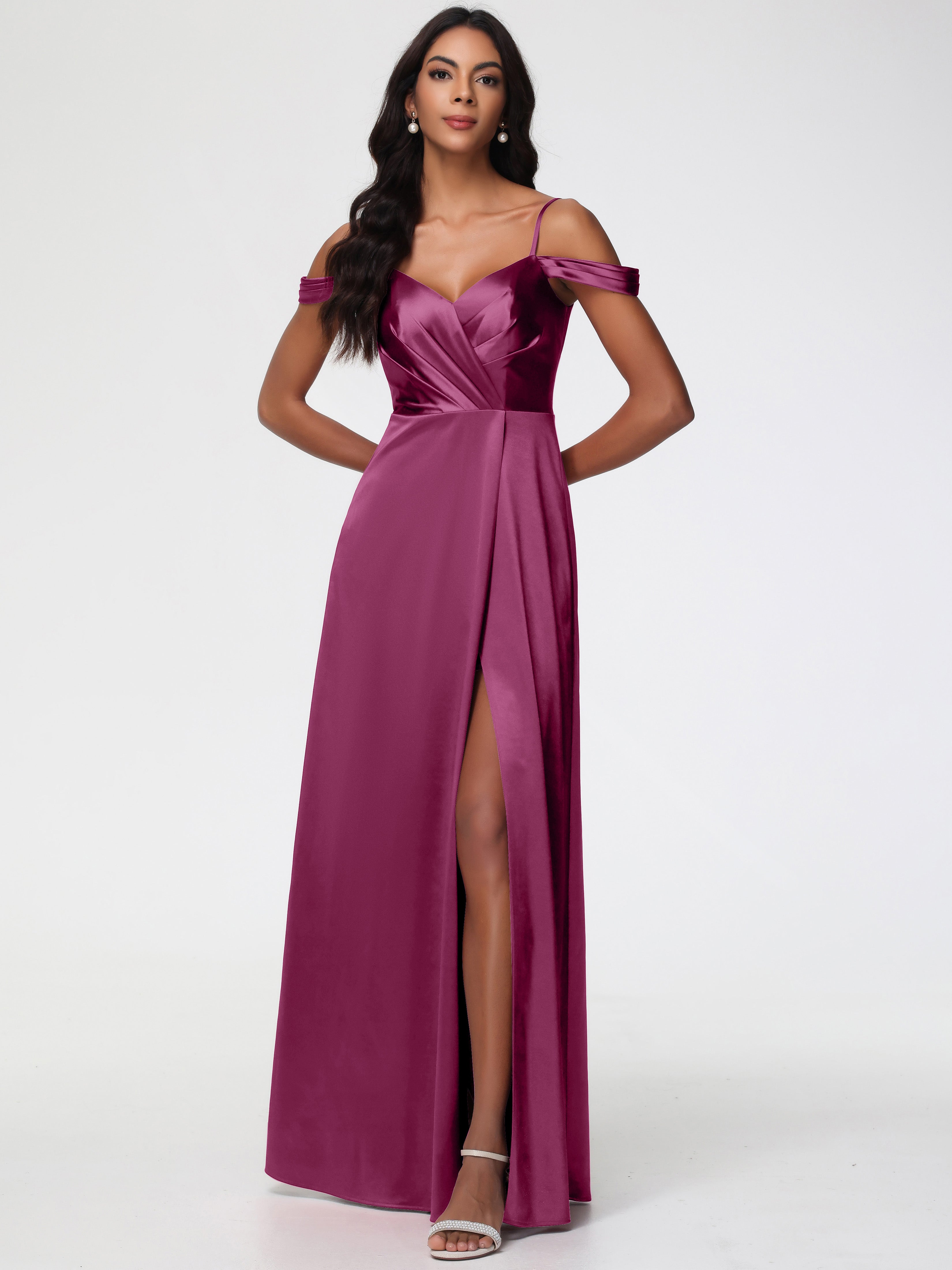 Mulberry Colour Bridesmaid Dresses A-Line V-Neck Off The Shoulder Long