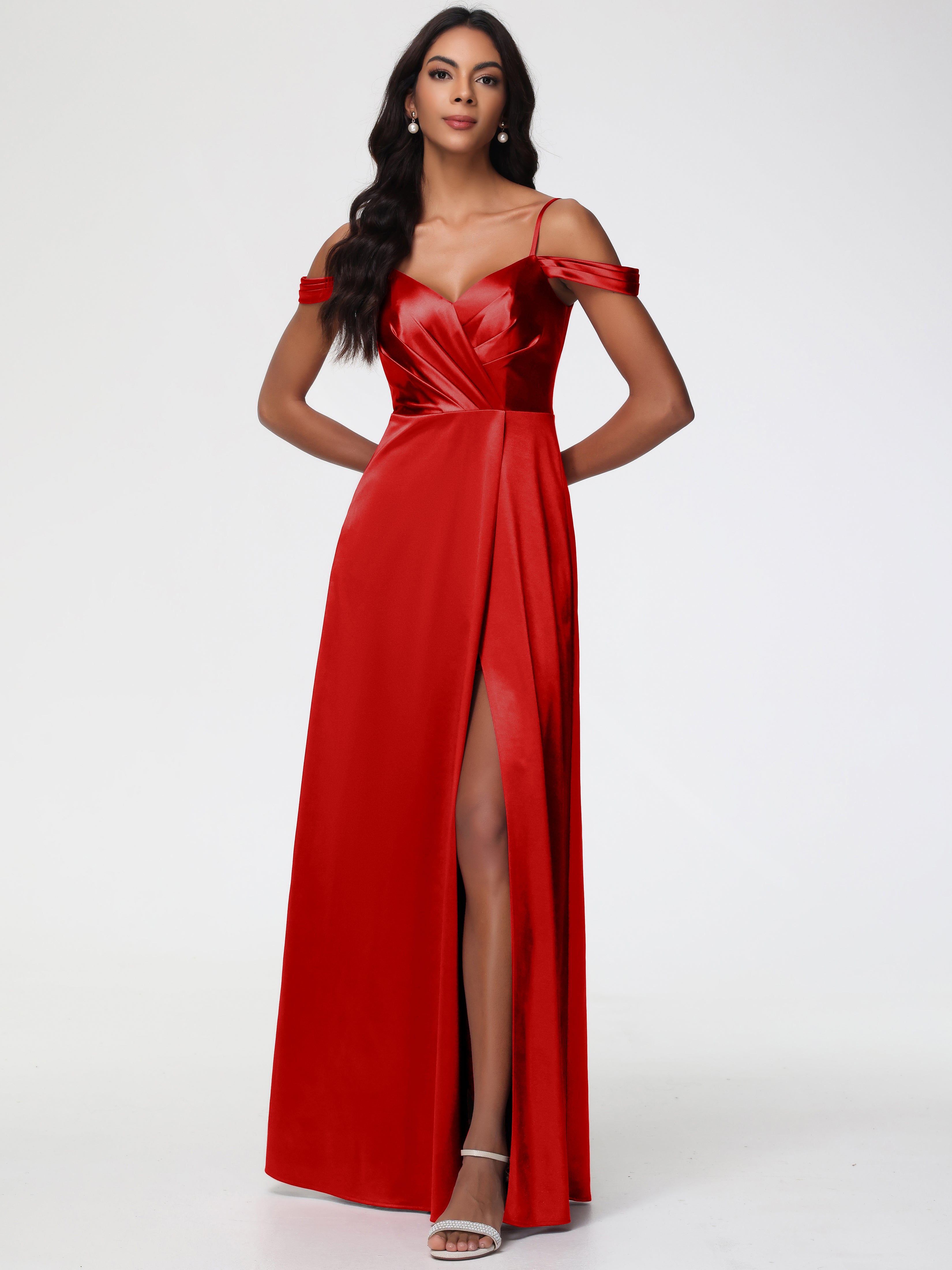 Red Bridesmaids Dresses A-Line V-Neck Off The Shoulder Long Stretch Sa