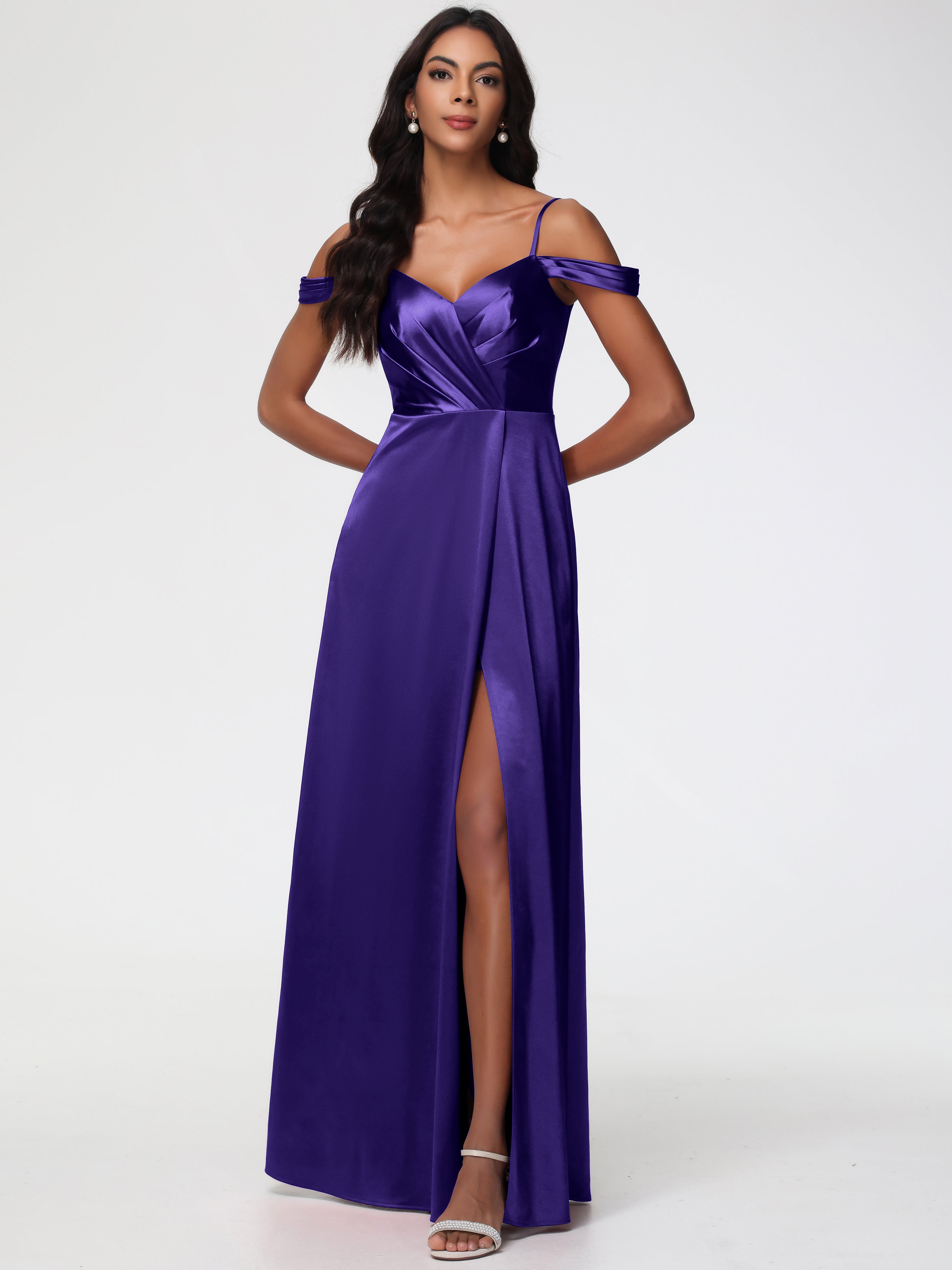 Regency Purple Bridesmaid Dresses A-Line V-Neck Off The Shoulder Long