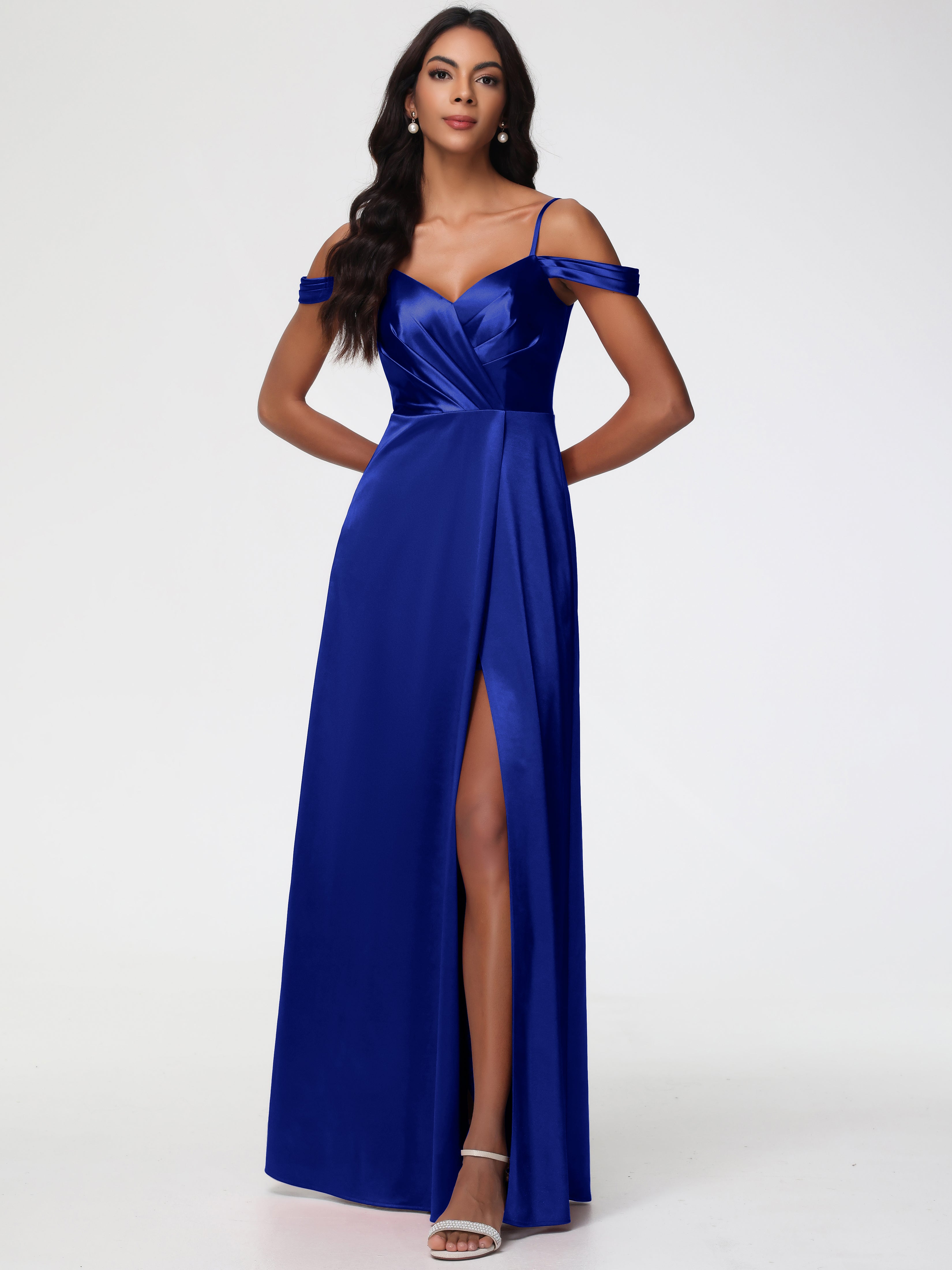 Wedding Royal Blue Bridesmaid Dresses A-Line V-Neck Off The Shoulder L