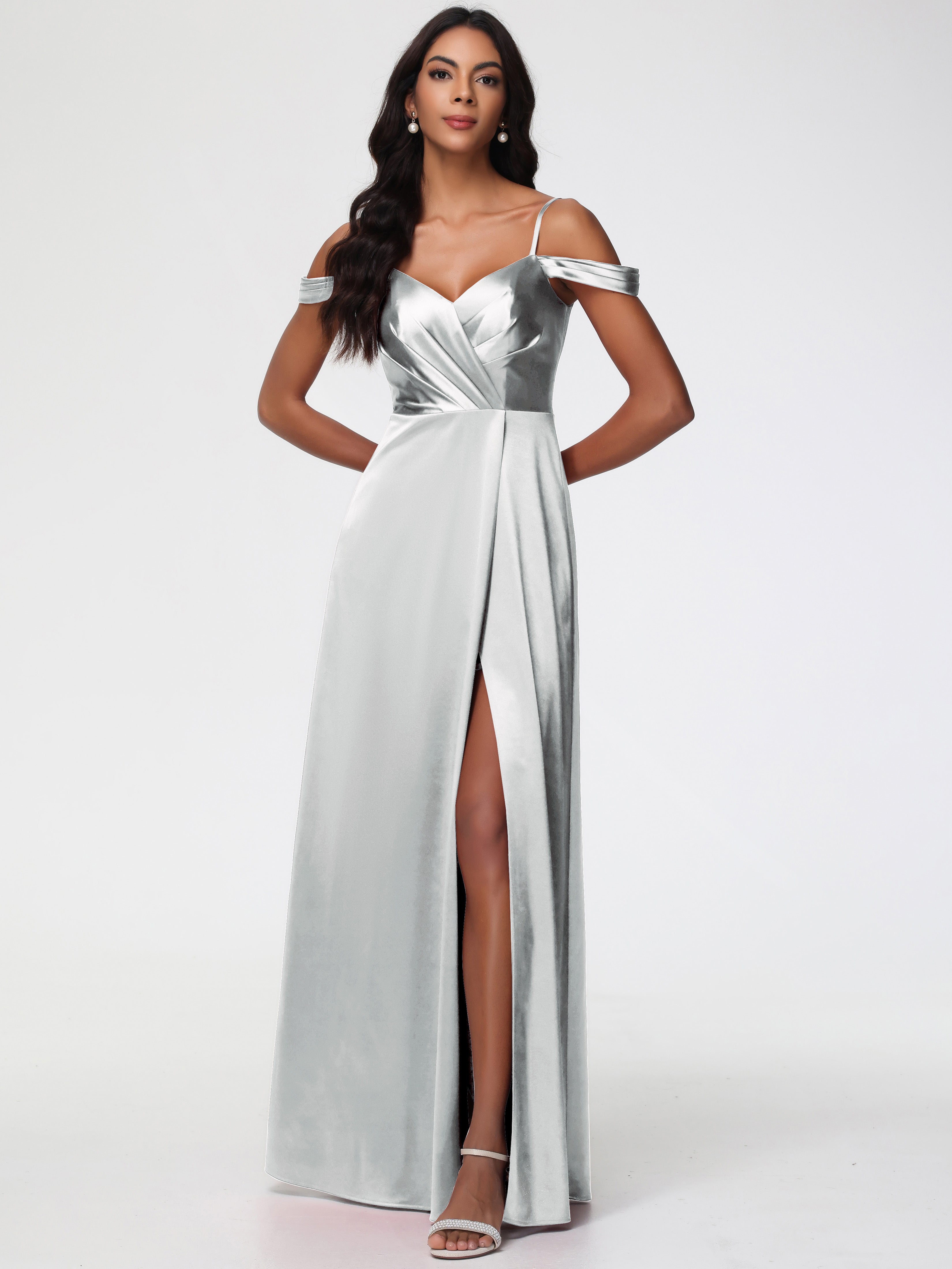 Bridesmaid Dresses Silver A-Line V-Neck Off The Shoulder Long Stretch